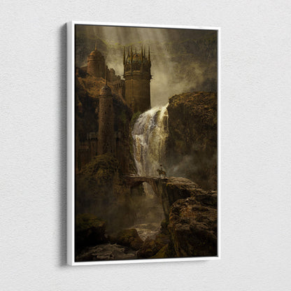 Brown medieval castle canvas wall art featuring moody gothic kingdom with misty cliffs and waterfall for gaming room decor