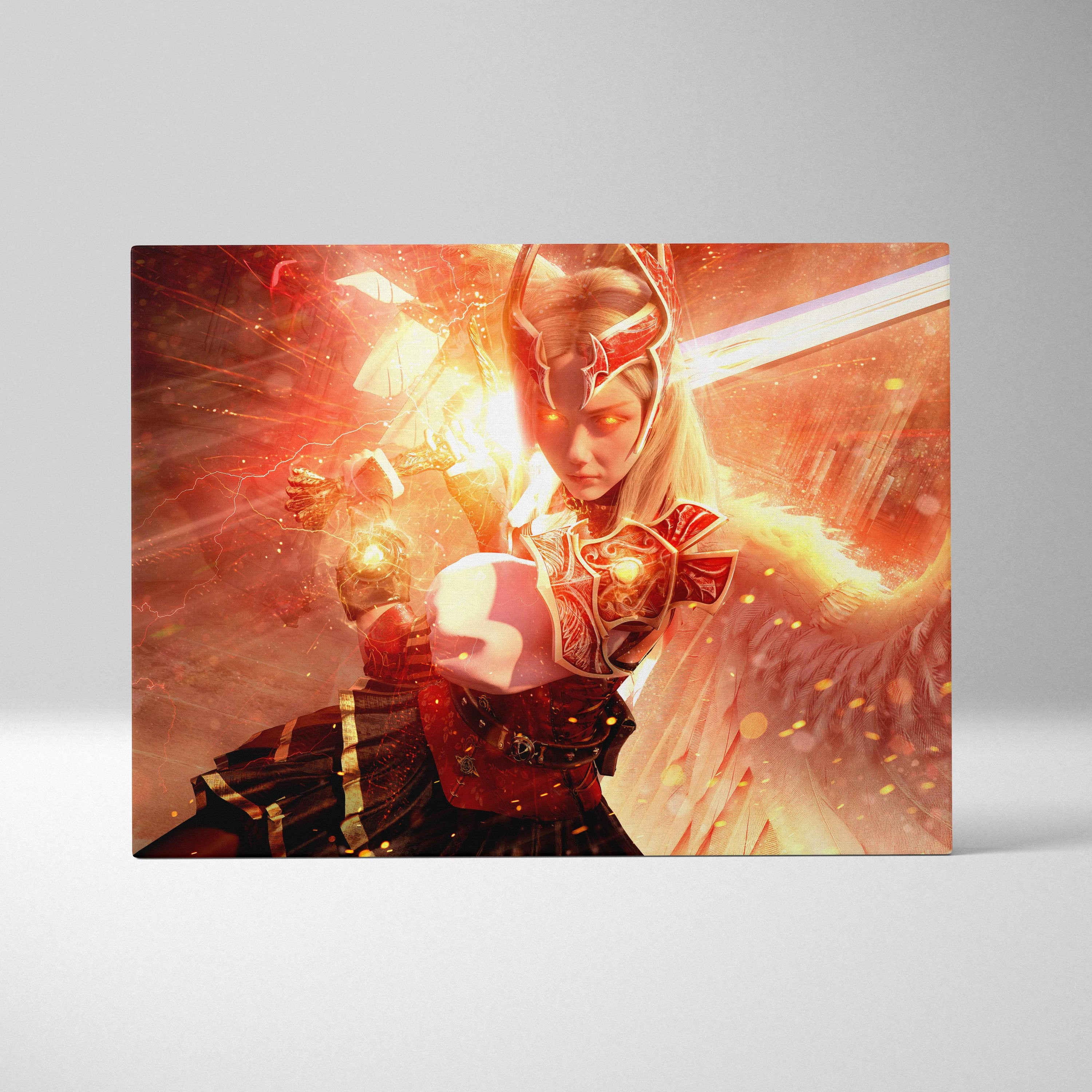 Epic angel warrior canvas wall art featuring vibrant red and gold fantasy knight with wings glowing sword and armor