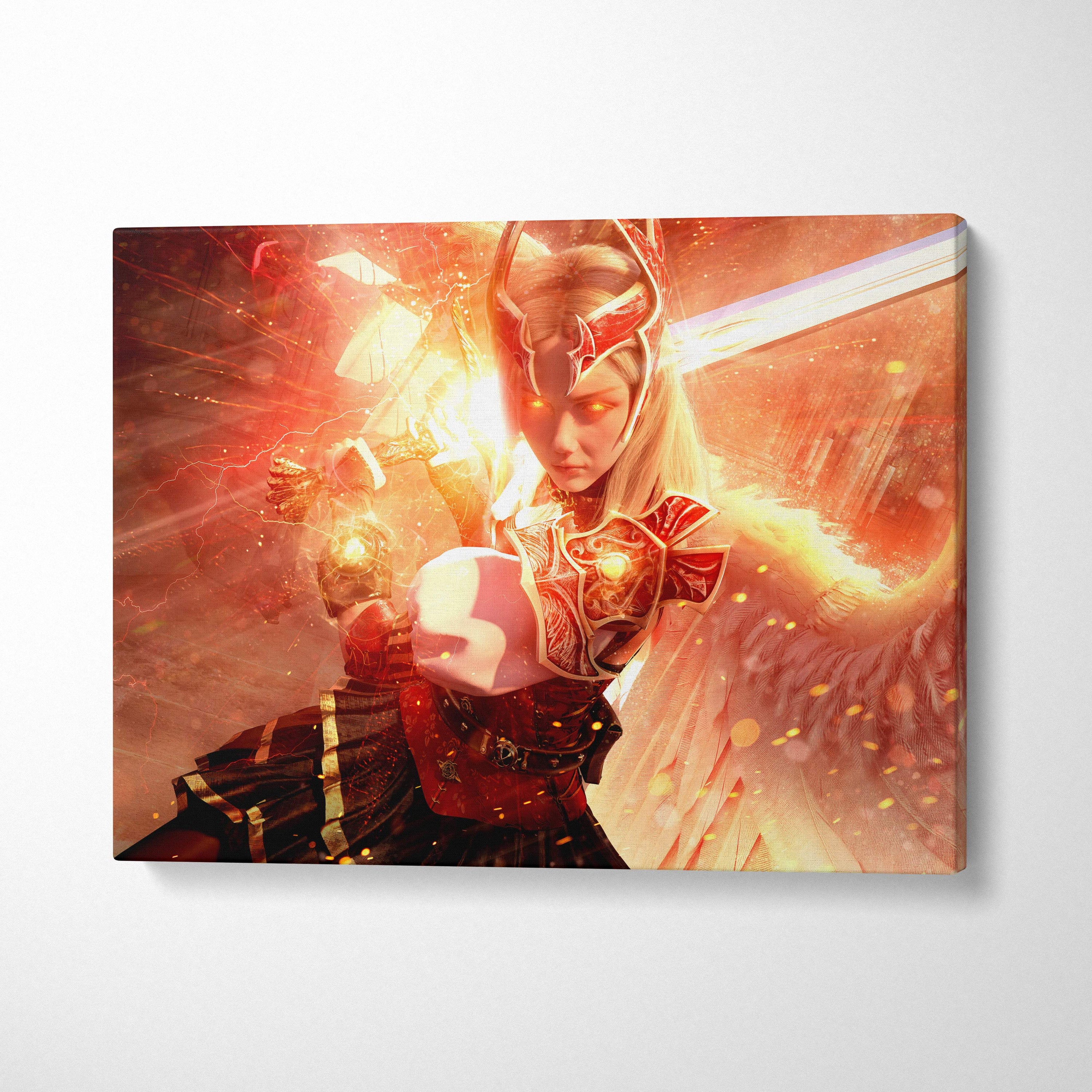 A vibrant canvas print of an epic angel warrior in red and gold armor wielding a glowing sword with fiery effects