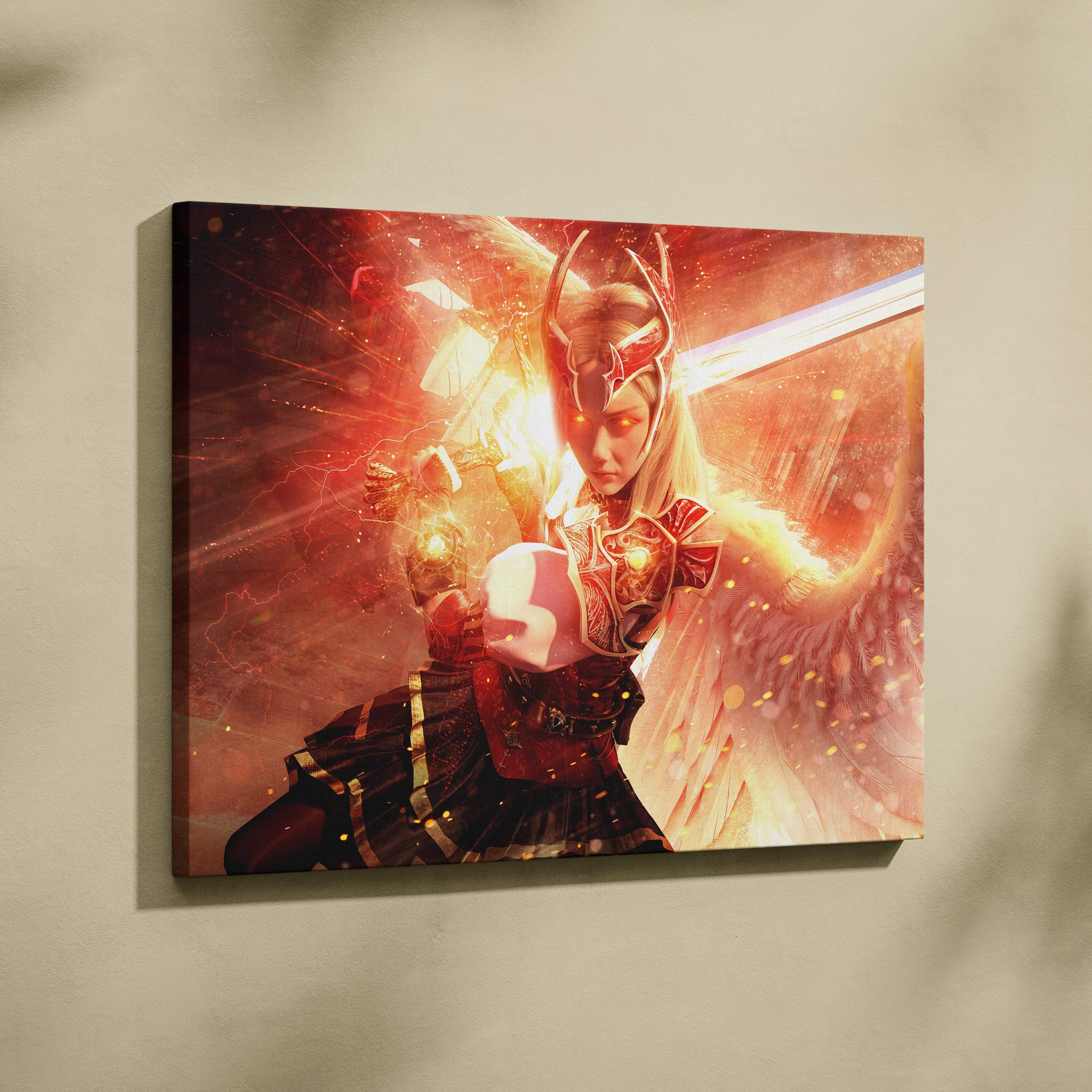 A vibrant canvas print of an epic angel warrior in red and gold armor with glowing sword against fiery skies