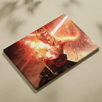 A vibrant rectangular canvas print of a fantasy warrior in red and gold armor with glowing wings and sword