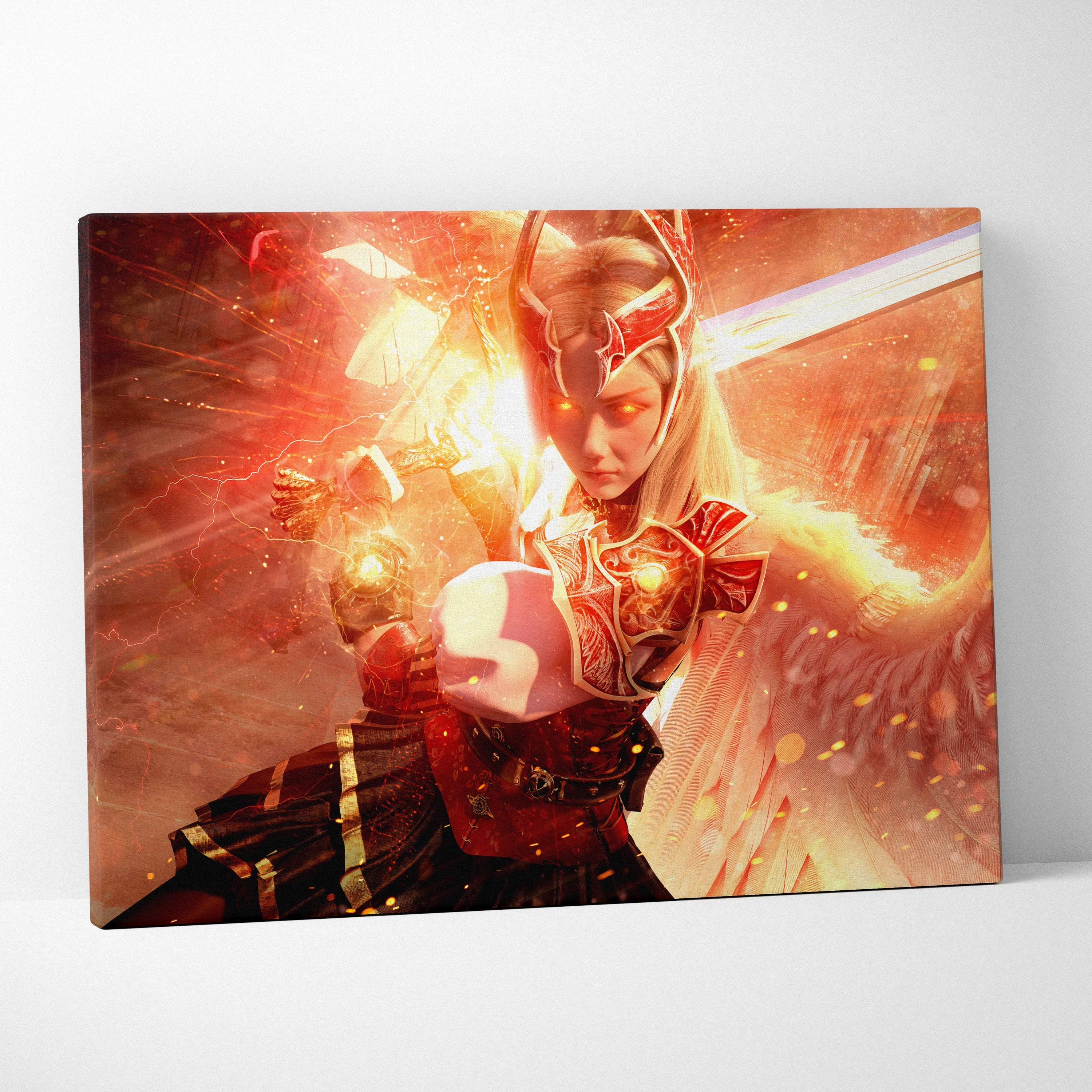A vibrant epic angel warrior canvas wall art featuring a fiery red and gold fantasy knight with glowing sword and wings
