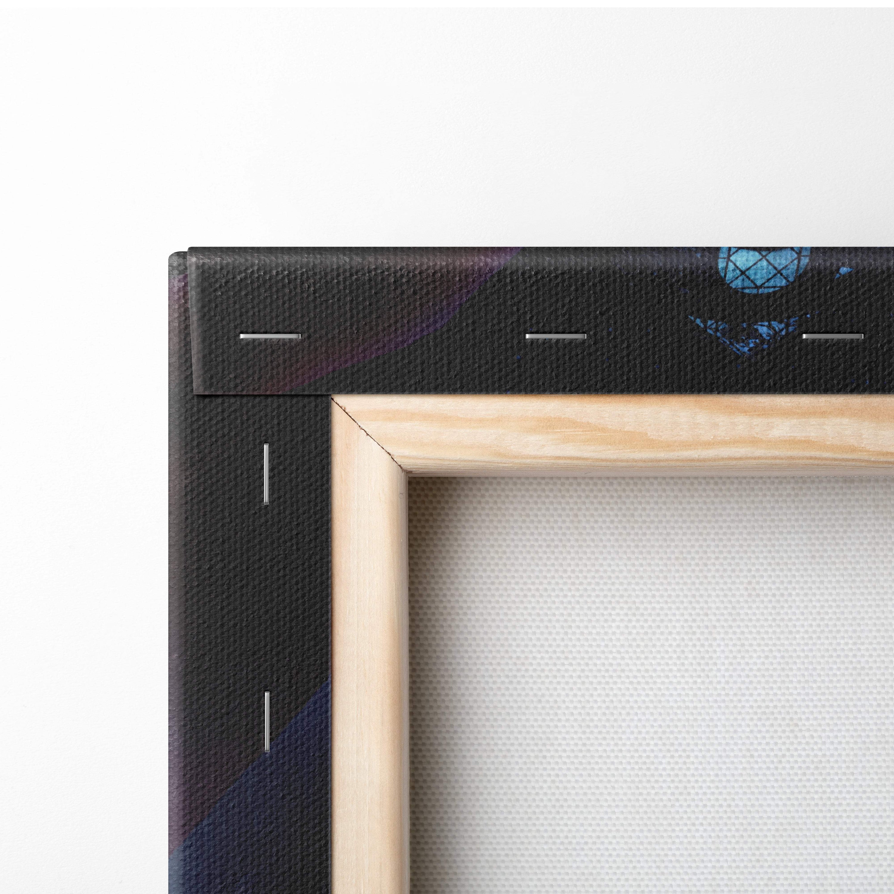 Light-colored wooden frame with black canvas stretched featuring visible stitching for dark fantasy duelist wall art