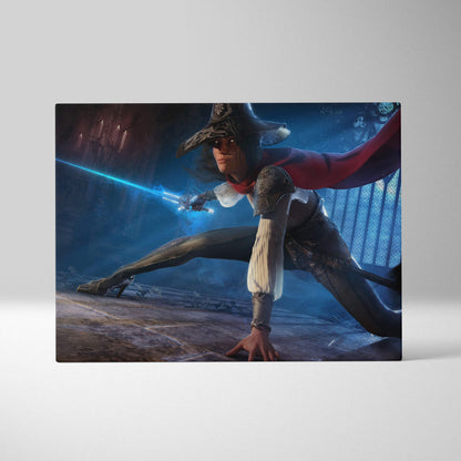 A rectangular canvas print of a dark fantasy duelist with blue lightning sword in gothic cathedral setting