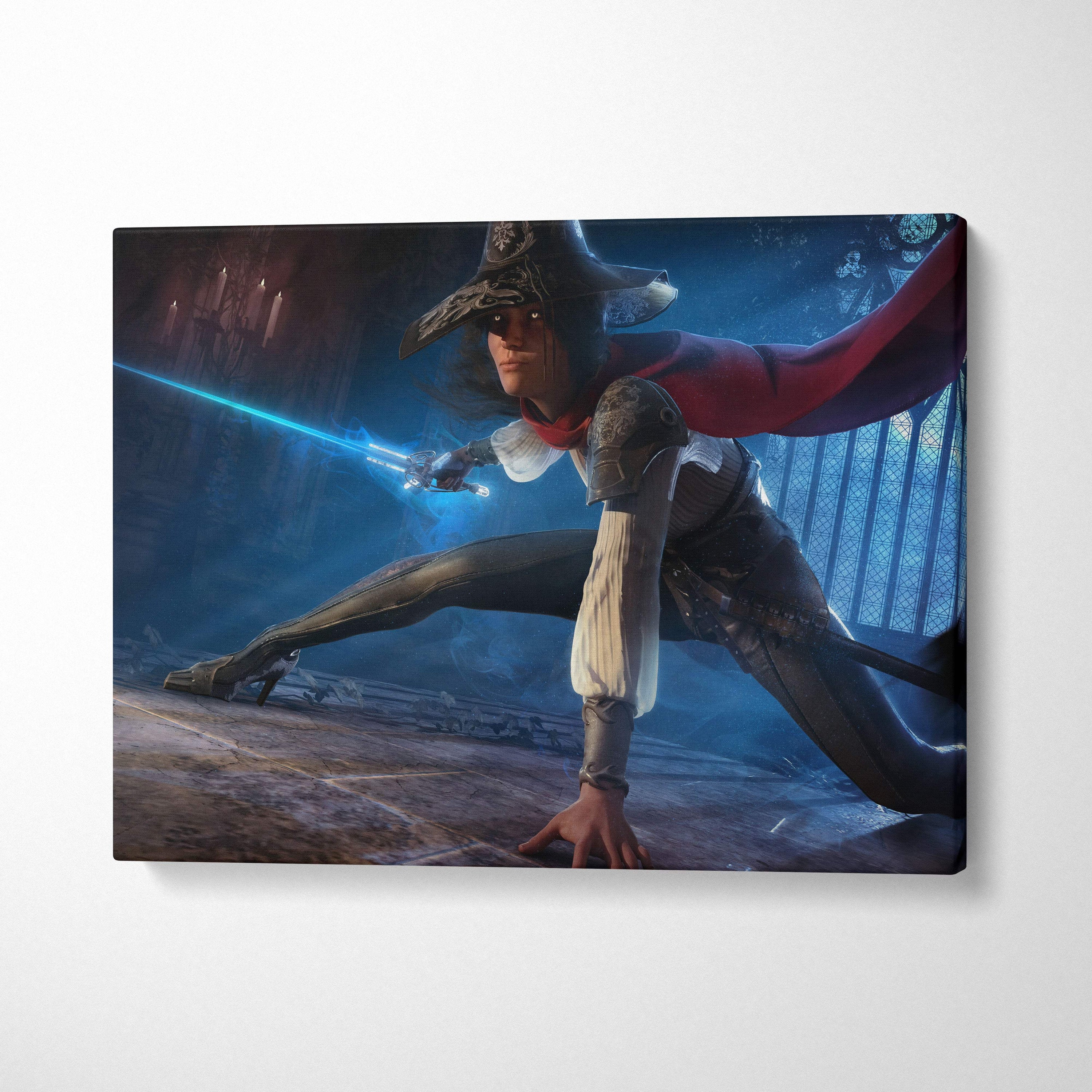 Dark fantasy duelist canvas wall art featuring pirate in dark attire with red cape and glowing blue lightning sword