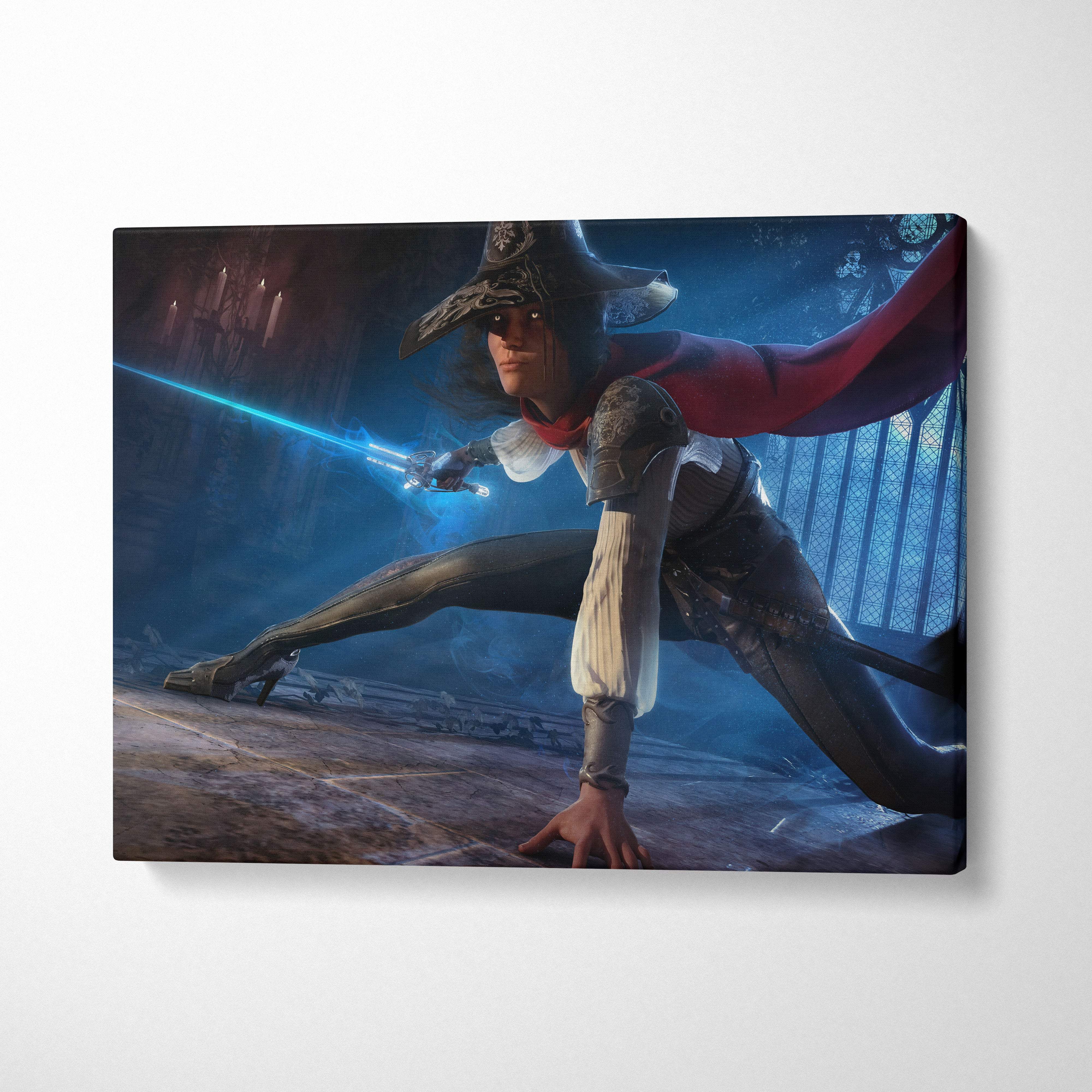 Dark fantasy duelist canvas wall art featuring pirate in dark attire with red cape and glowing blue lightning sword