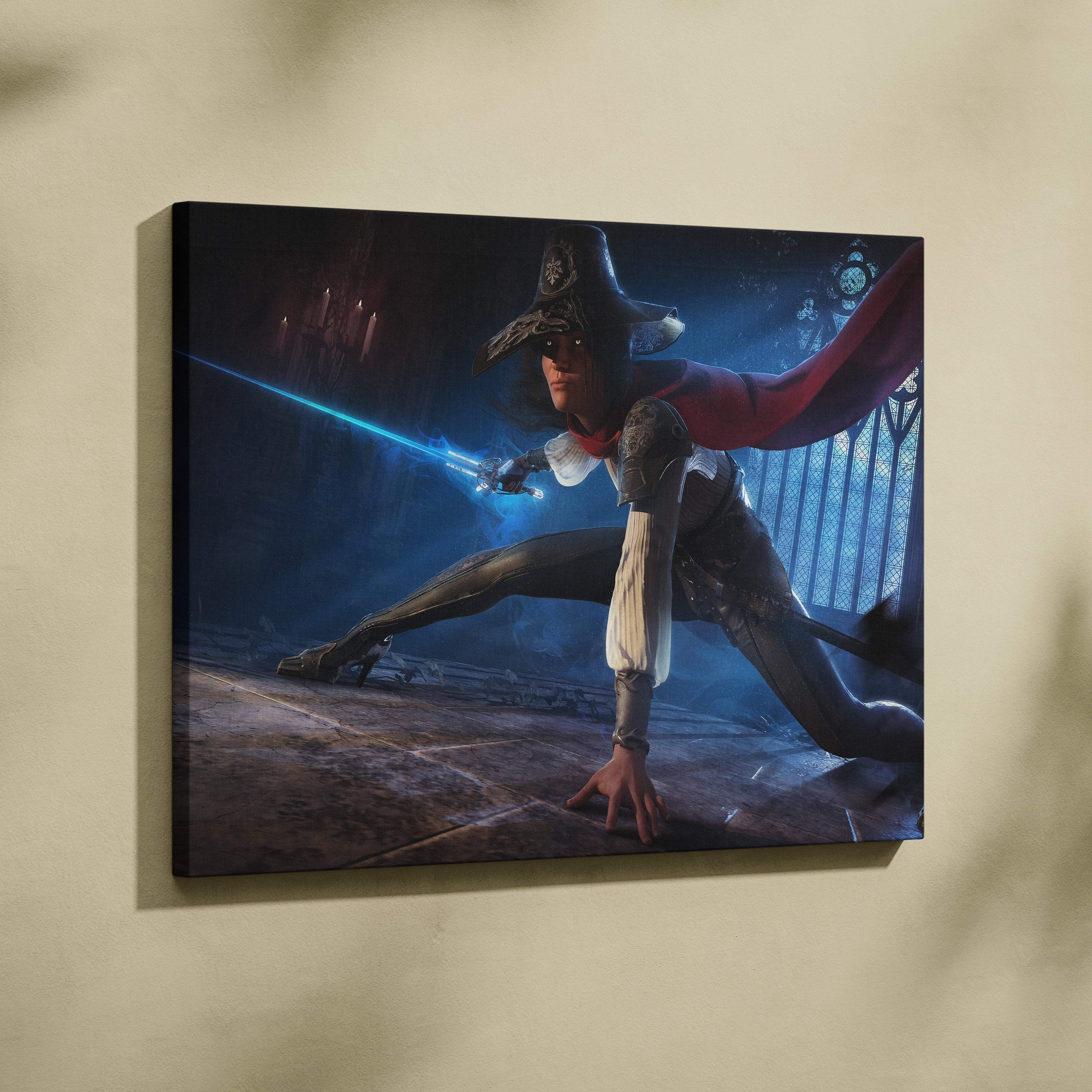 Dark fantasy duelist canvas print showing a blue lightning sword warrior in a gothic cathedral with moody shadows and red cloak