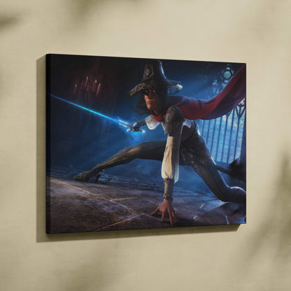 Dark fantasy duelist canvas print showing a blue lightning sword warrior in a gothic cathedral with moody shadows and red cloak