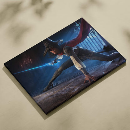 Dark fantasy duelist canvas wall art featuring an armored warrior with a glowing blue sword in a gothic cathedral scene