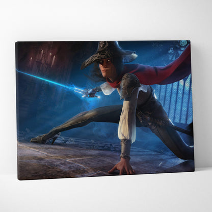 Dark fantasy duelist canvas wall art featuring a blue lightning sword warrior in gothic cathedral with red cape and moody shadows