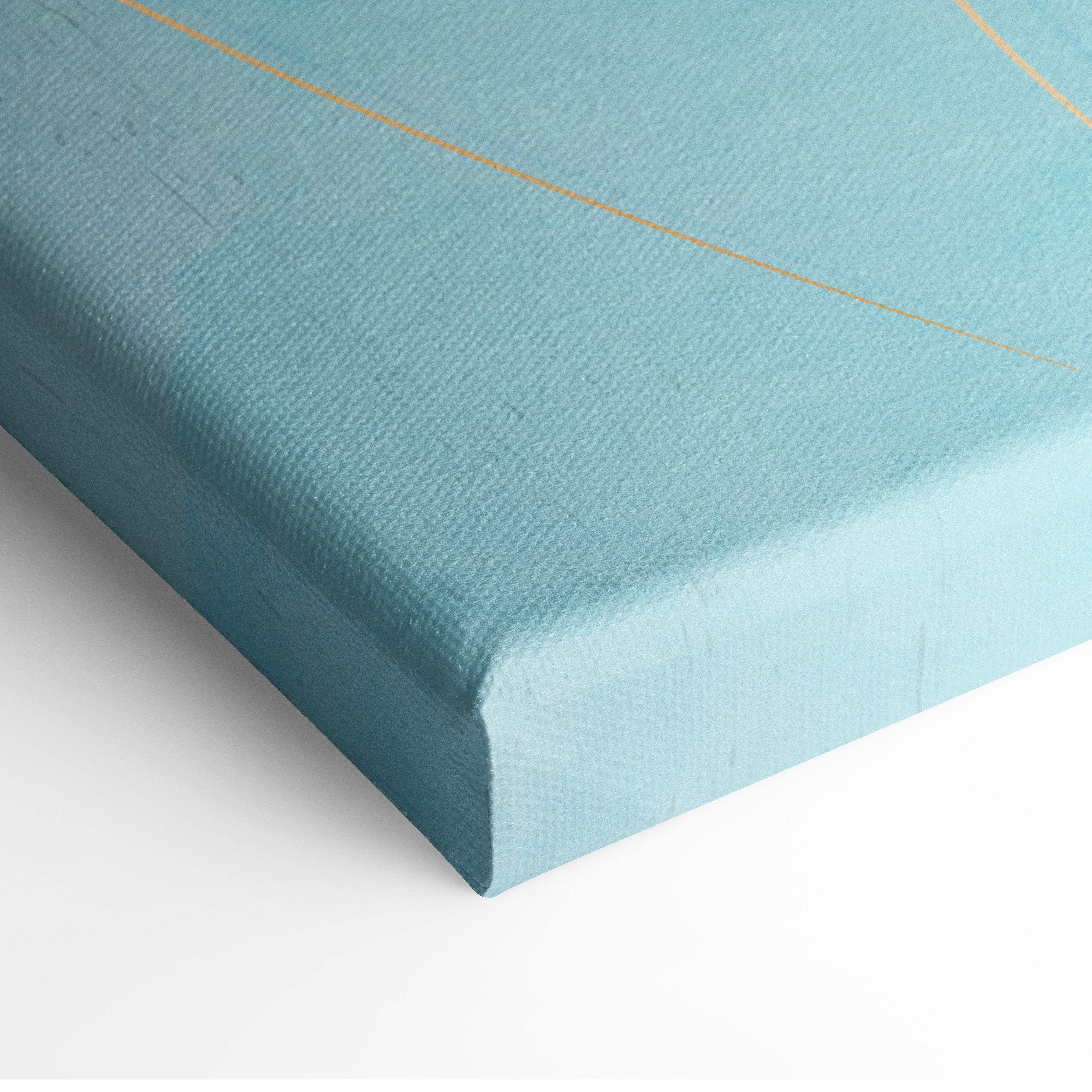 Teal canvas wall art with subtle gold line design in peach koi fish light blue japanese watercolor style for zen decor