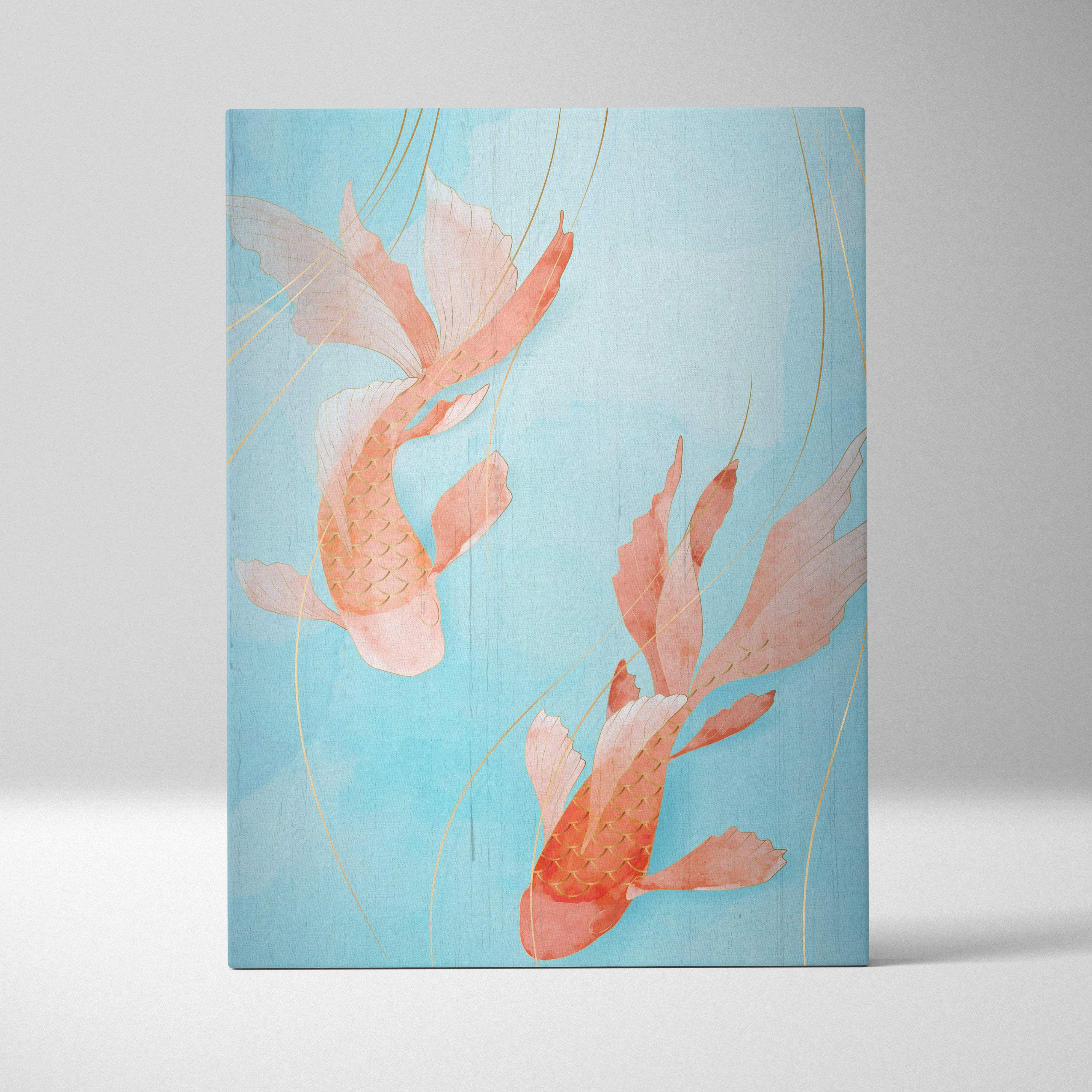 A rectangular canvas painting of peach koi fish on a light blue background with gold lines japanese watercolor style wall art