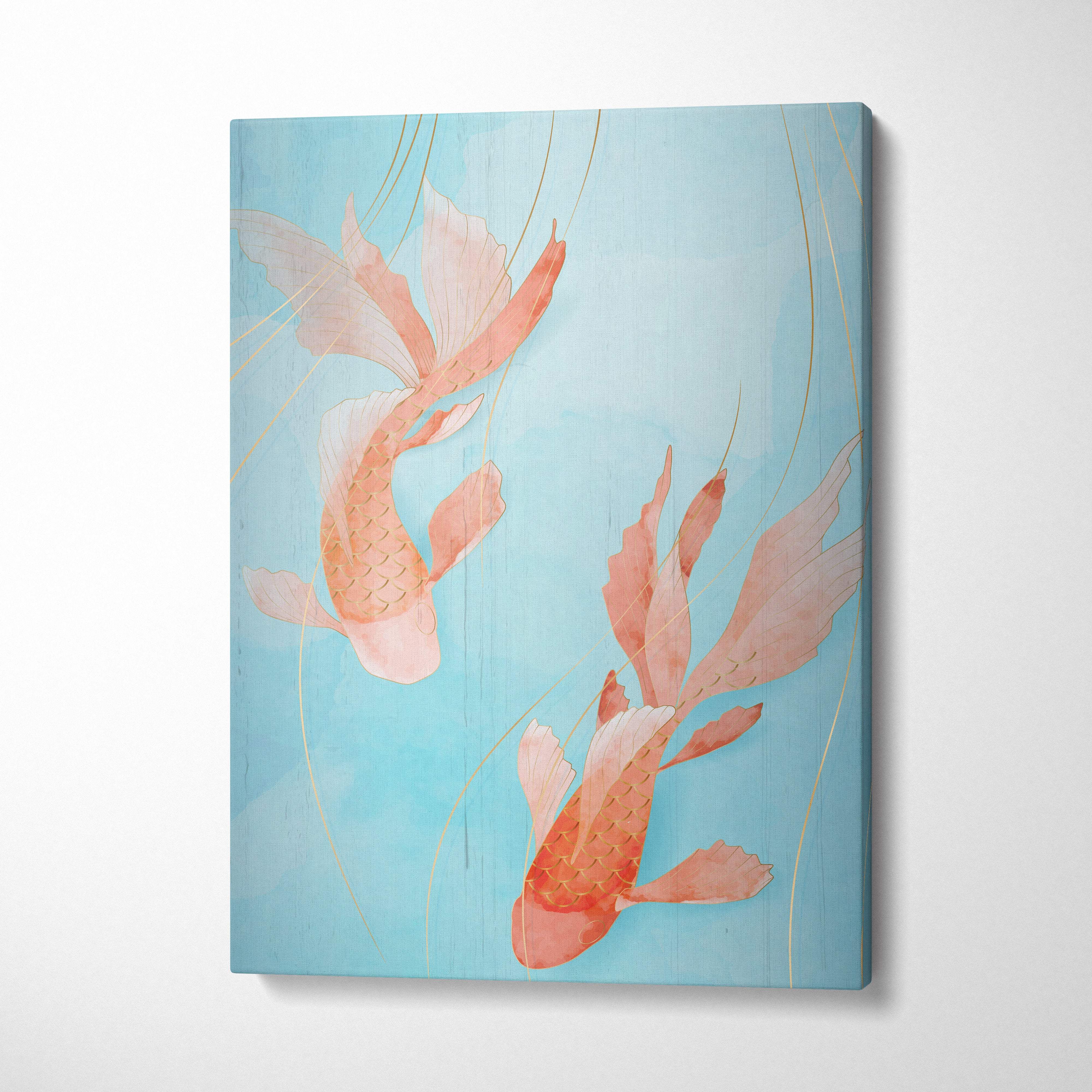Peach koi fish canvas wall art with two goldfish in peach coral hues on light blue background with golden lines in japanese style