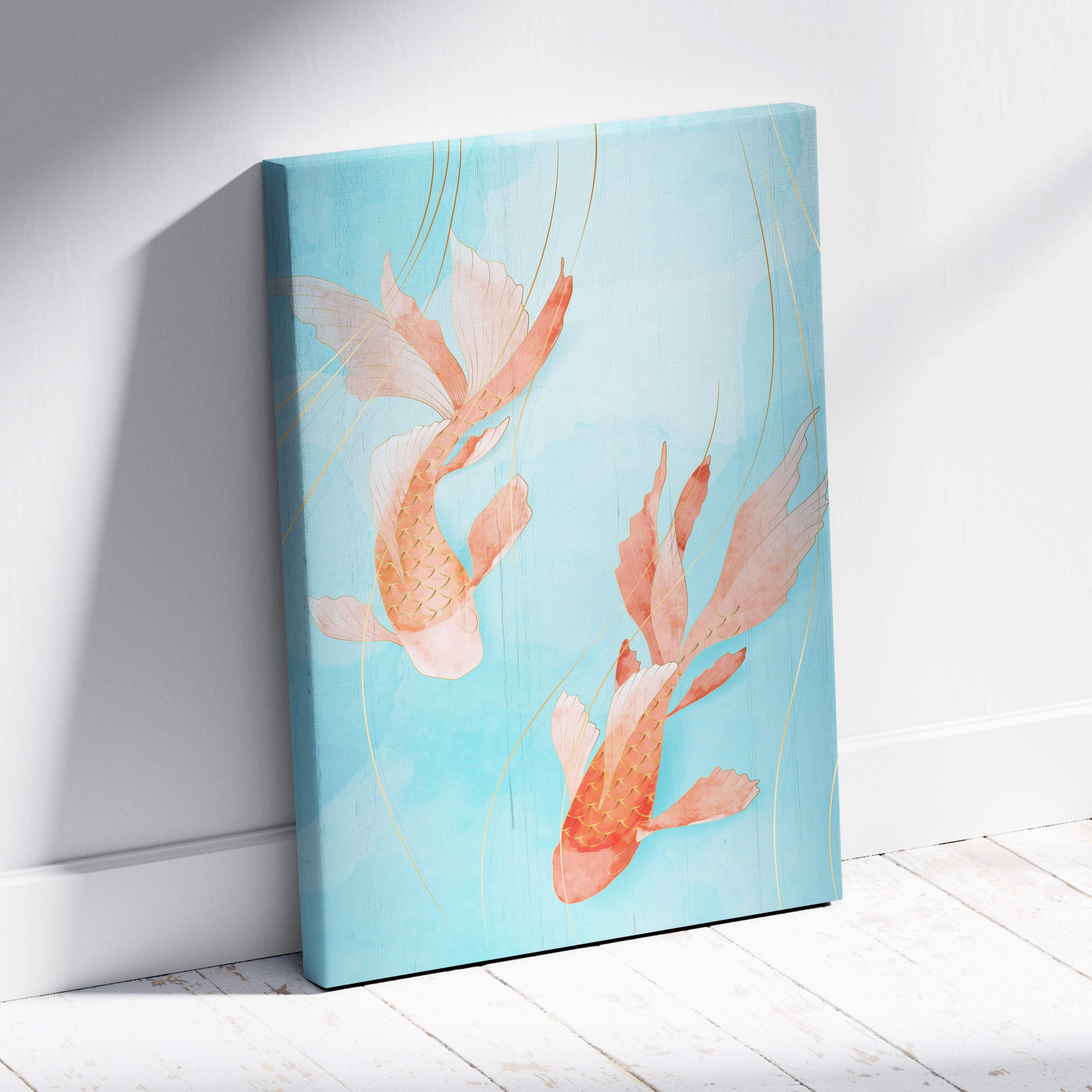 Peach koi fish canvas wall art featuring two peach koi fish with gold accents on a light blue watercolor background