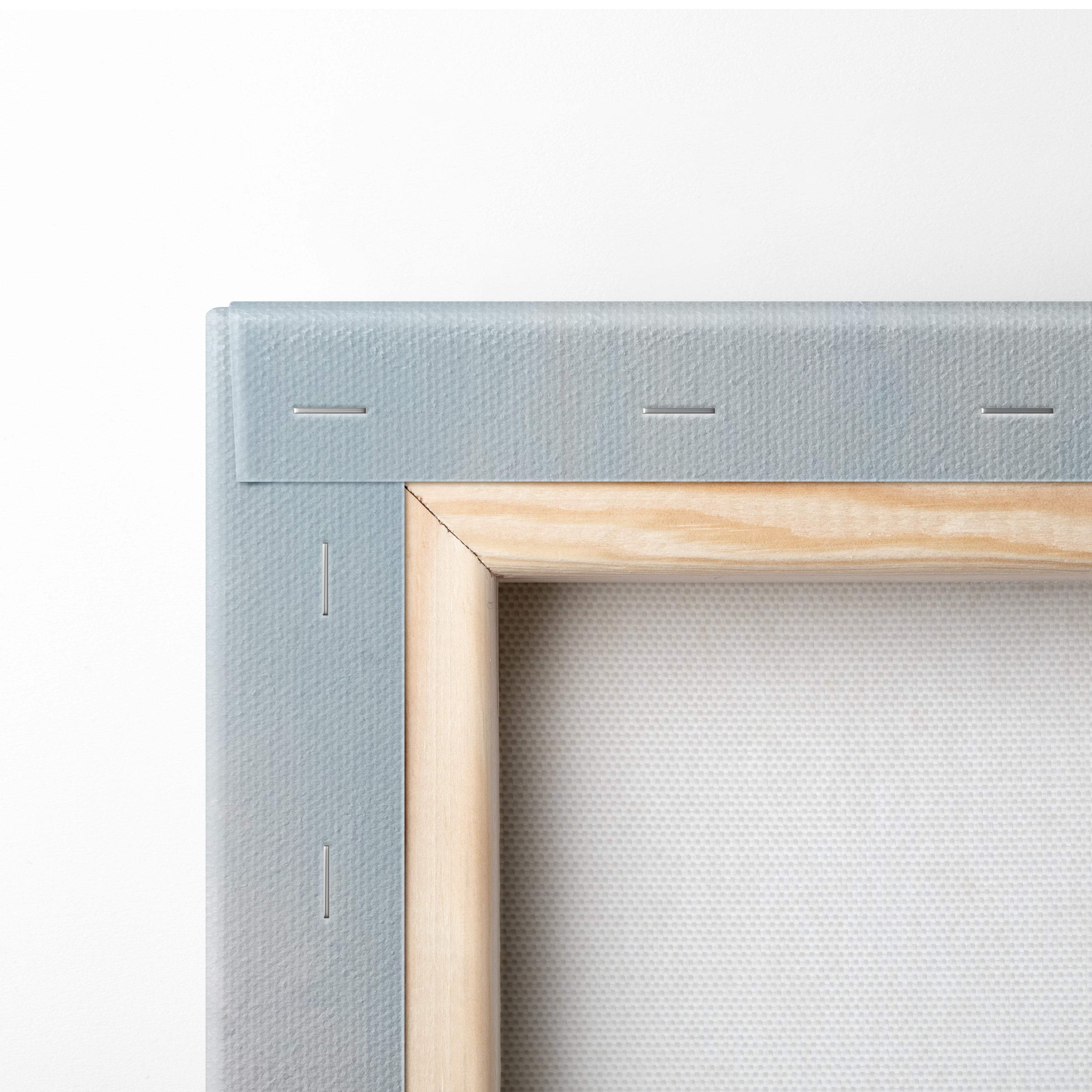 Light blue canvas wall art print with natural wood border featuring textured summer hat for coastal decor