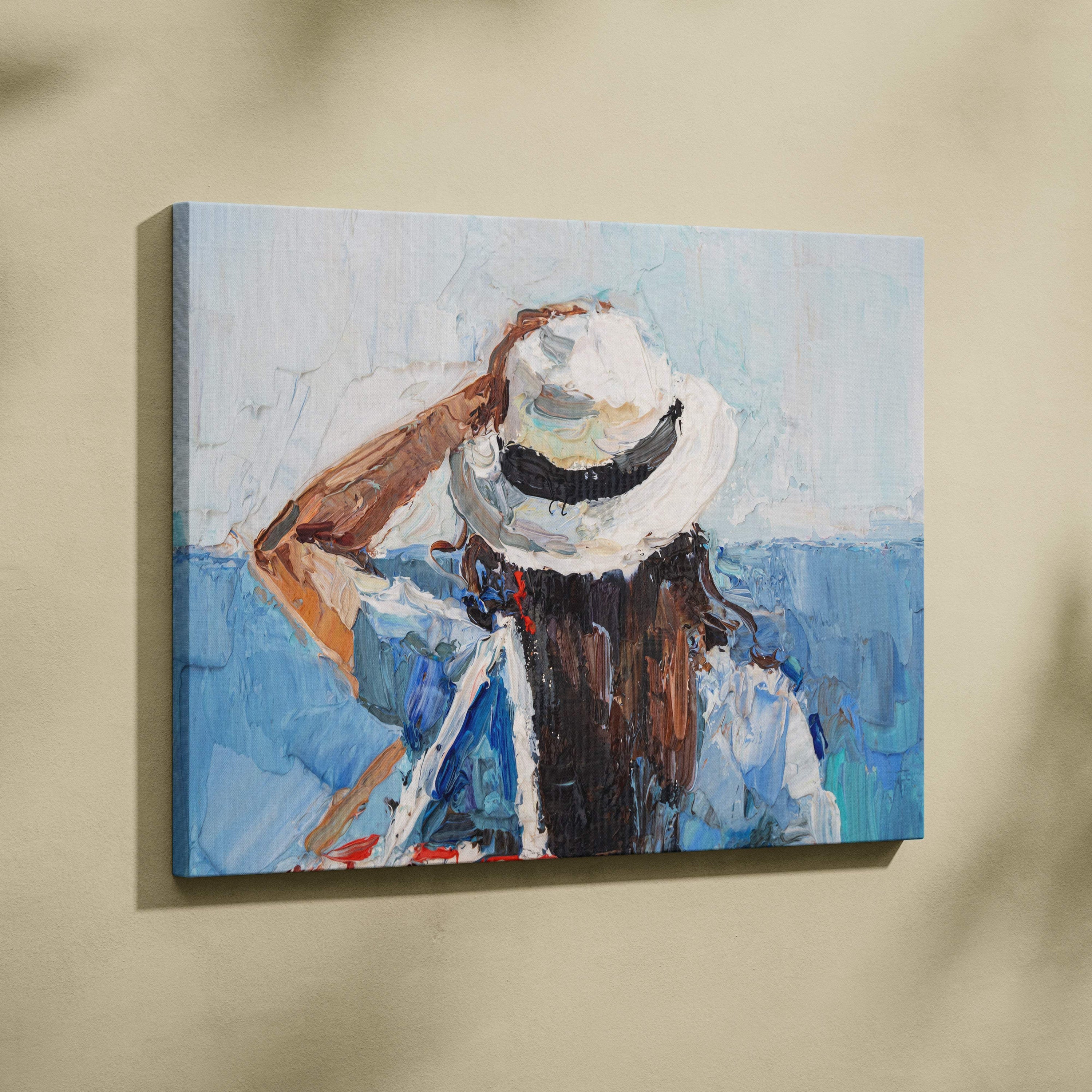 Textured canvas wall art print featuring a woman in a white hat with black band in impressionistic style for coastal decor