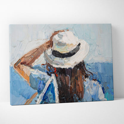 A textured canvas painting of a person in profile wearing a white hat with a black band in blue and brown tones
