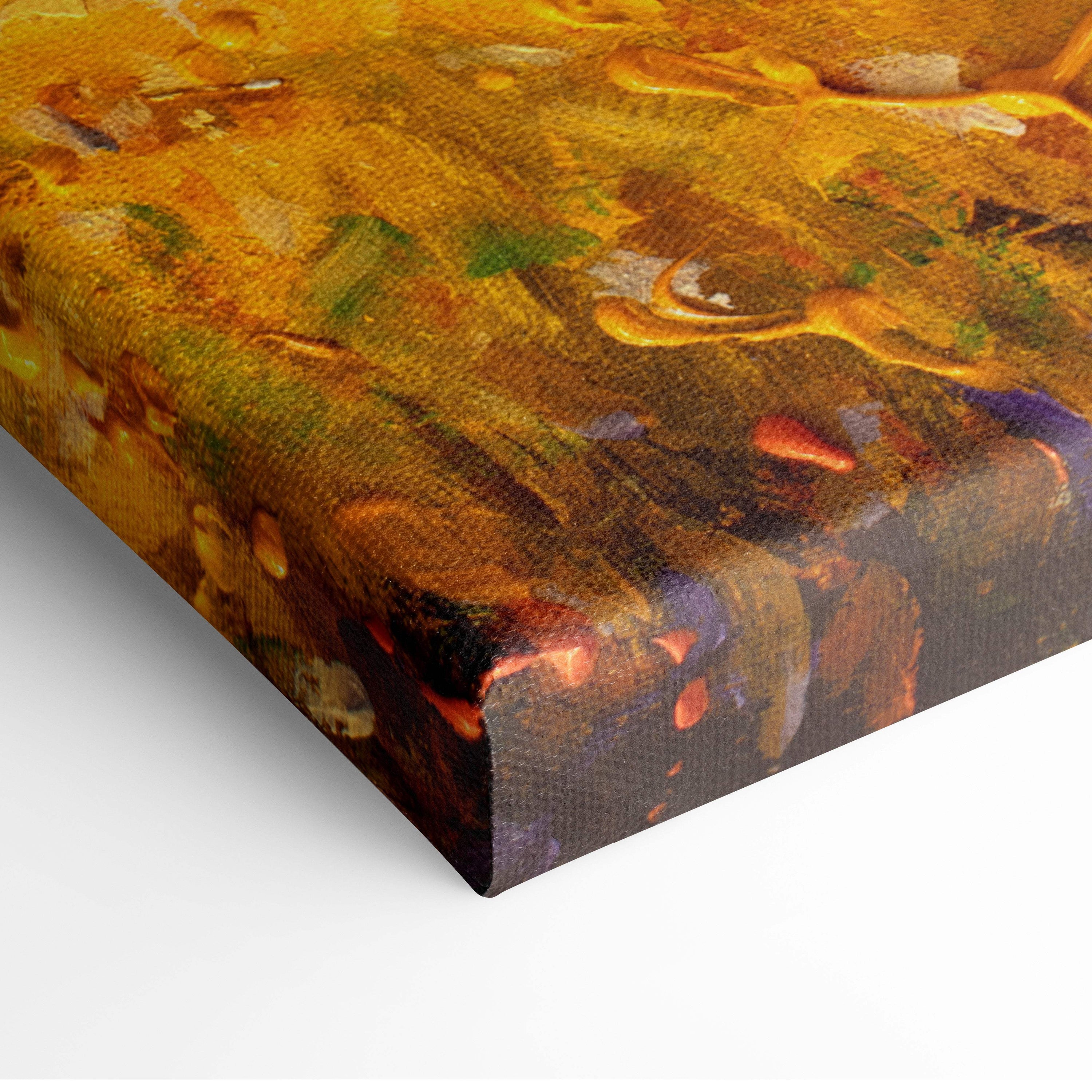 Golden autumn forest canvas print with textured abstract landscape in golden yellow earthy brown green and purple tones