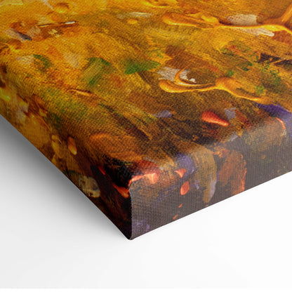 Golden autumn forest canvas print with textured abstract landscape in golden yellow earthy brown green and purple tones