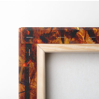A rustic wooden frame with an earth-toned abstract canvas in warm oranges and browns for autumn forest wall art