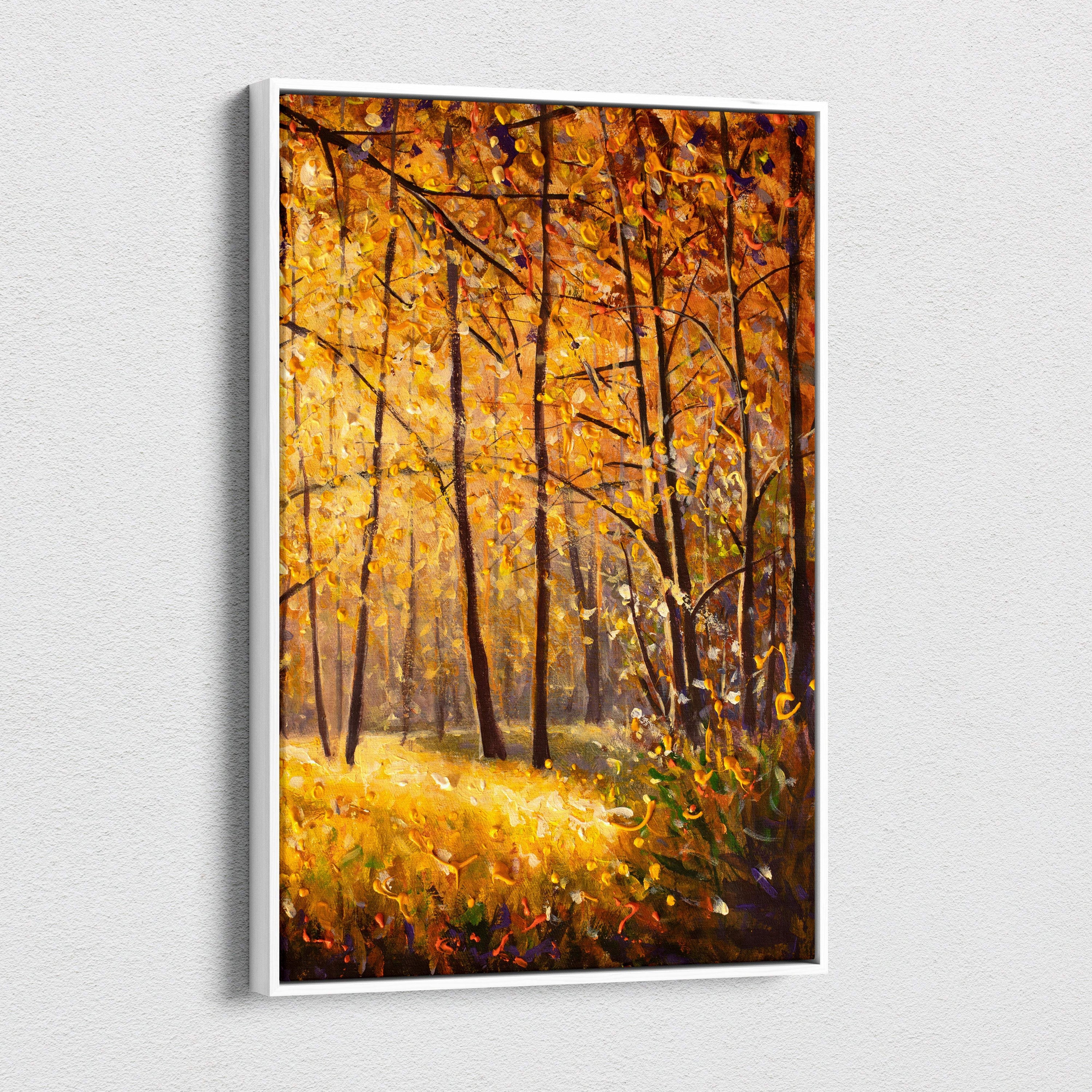 A framed canvas print showing a vibrant golden autumn forest with tall trees and warm yellow leaves in impasto style