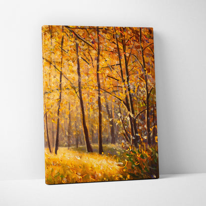 Golden autumn forest canvas print featuring sunlit woodland path with warm yellow leaves and dark tree trunks in oil style
