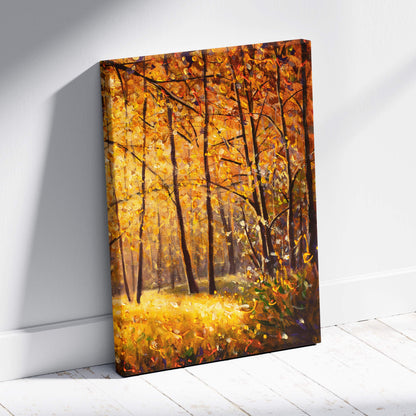 Golden autumn forest canvas print with bold brushstrokes in yellow orange and brown depicting sunlit woodland path