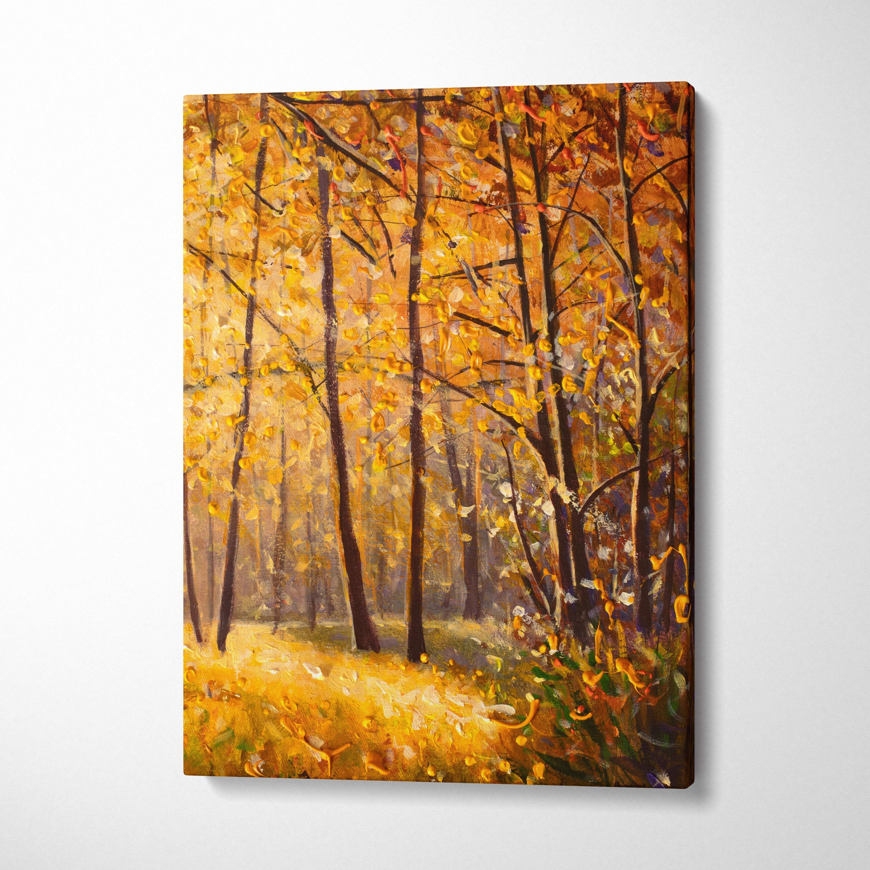 Golden autumn forest canvas print with vibrant oil painting of sunlit woodland path, yellow leaves, and tall trees