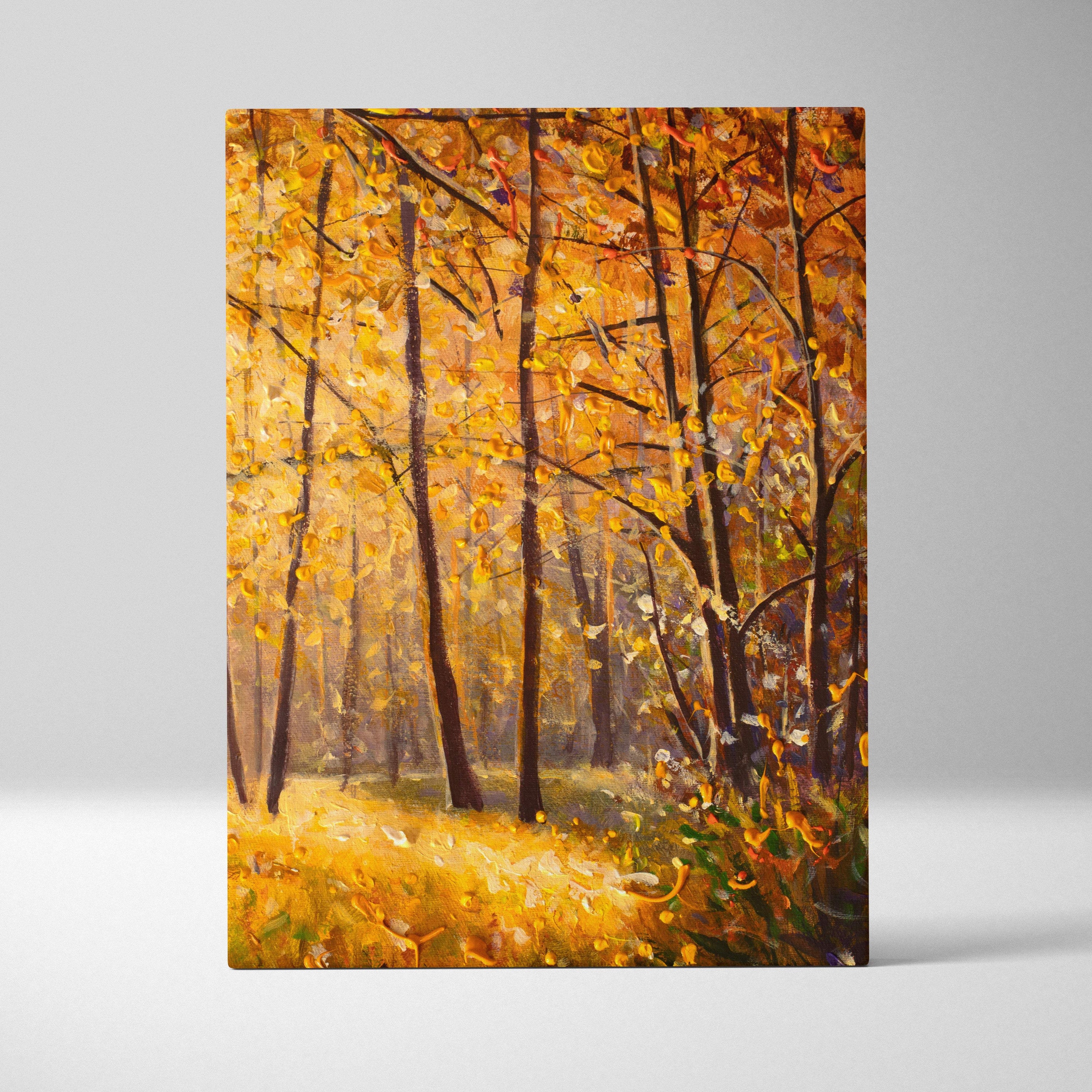 Golden autumn forest canvas print featuring vibrant oil painting of sunlit woodland path with warm yellow leaves and tall trees