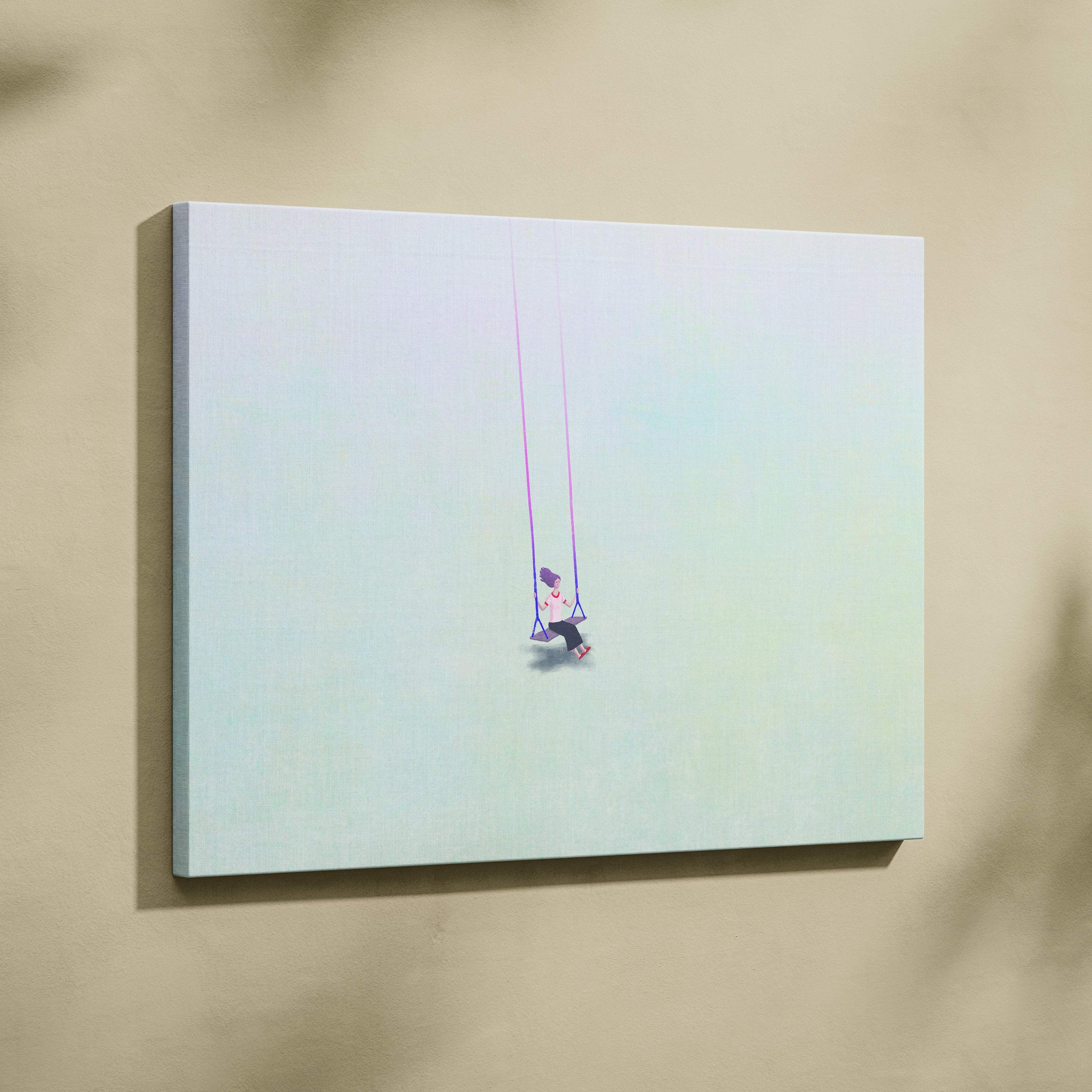 Contemporary girl on swing canvas wall art with pastel minimalist figure on soft aqua gradient for bedroom decor