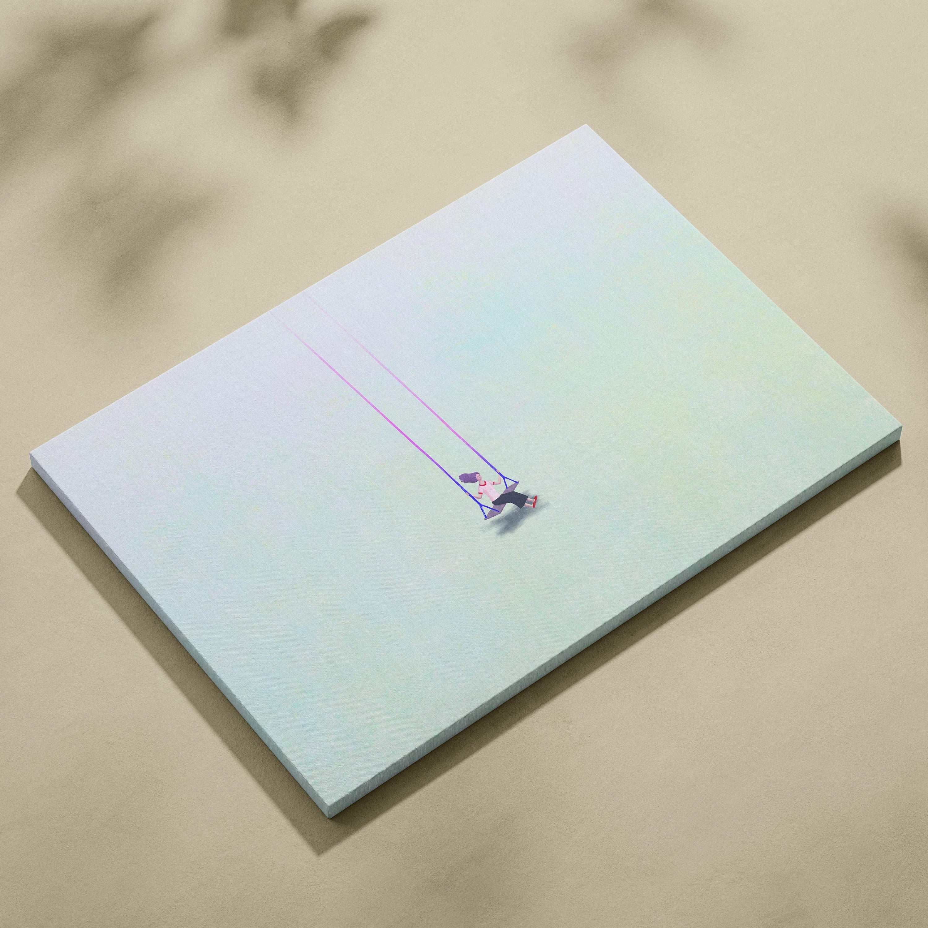 Minimalist rectangular notepad with a pale blue to mint green gradient cover and an illustrated girl on a swing design