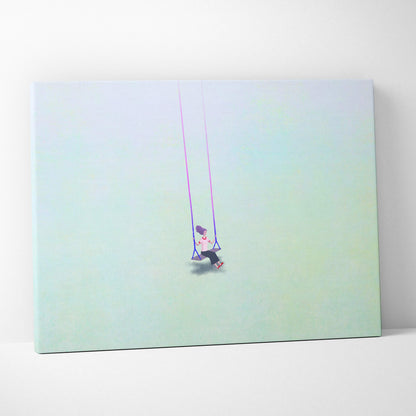 Contemporary girl on swing canvas wall art with a minimalist pastel aqua figure on a soft gradient background for bedroom decor