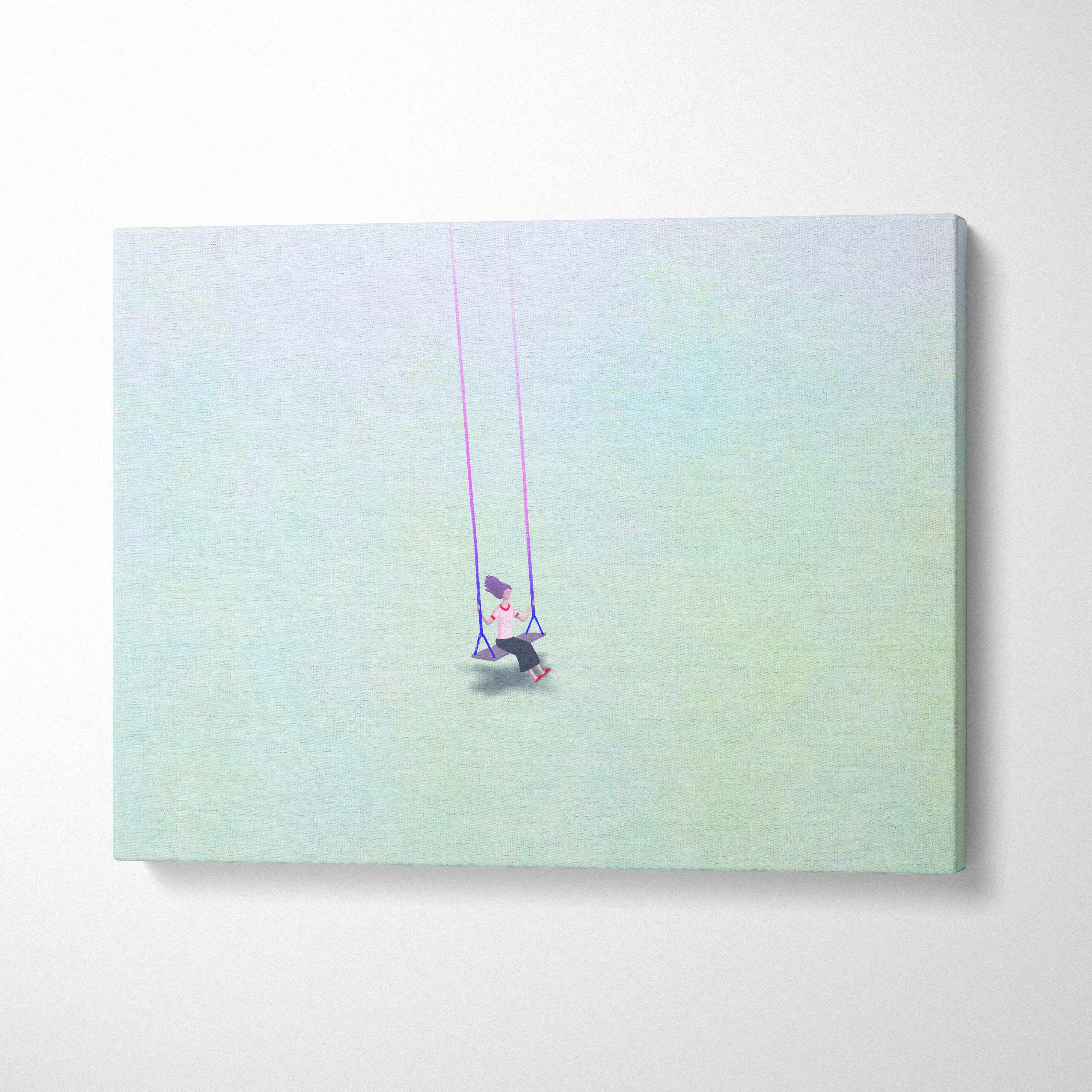 Contemporary girl on swing canvas wall art with a soft aqua minimalist figure on a pastel gradient background