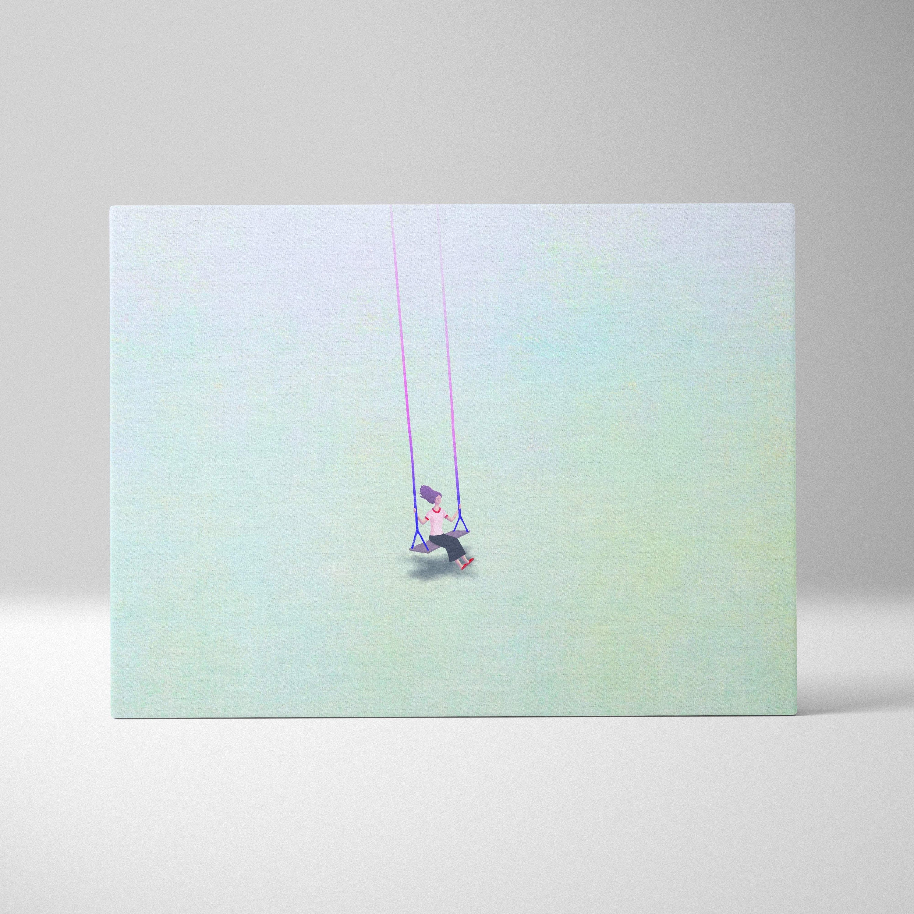 Pastel gradient canvas print featuring a minimalist aqua figure on a swing for peaceful modern bedroom decor