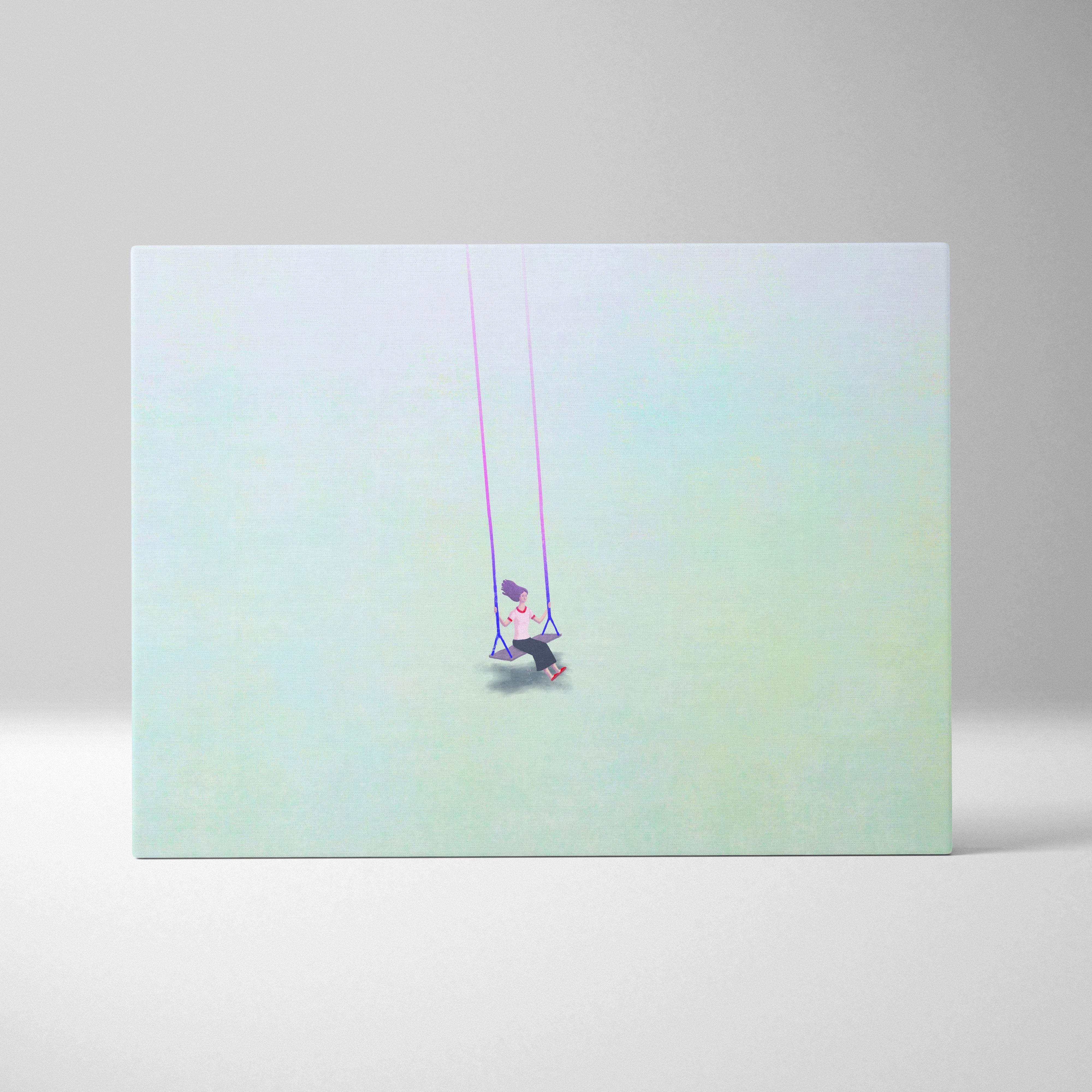 Pastel gradient canvas print featuring a minimalist aqua figure on a swing for peaceful modern bedroom decor