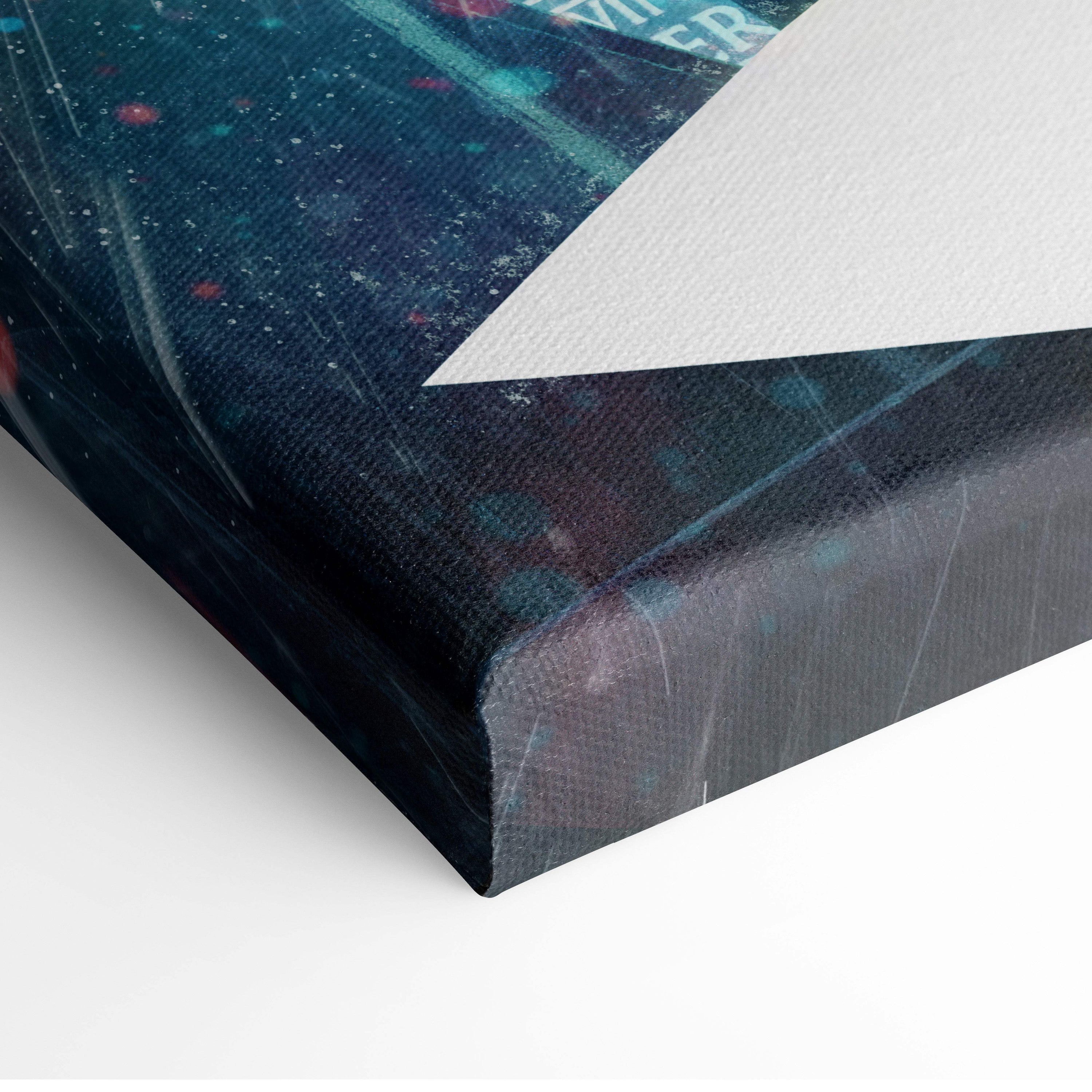 Cyberpunk angel warrior canvas wall art featuring a neon blue and orange cosmic design with red and teal speckles on dark blue fabric