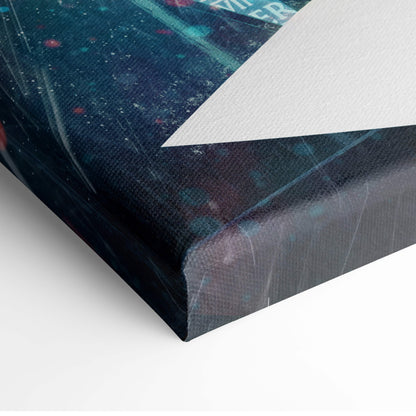 Cyberpunk angel warrior canvas wall art featuring a neon blue and orange cosmic design with red and teal speckles on dark blue fabric