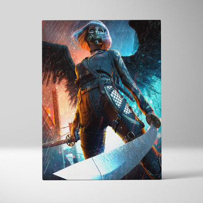 A framed canvas print of a cyberpunk angel warrior with glowing orange hair black wings and a curved blade
