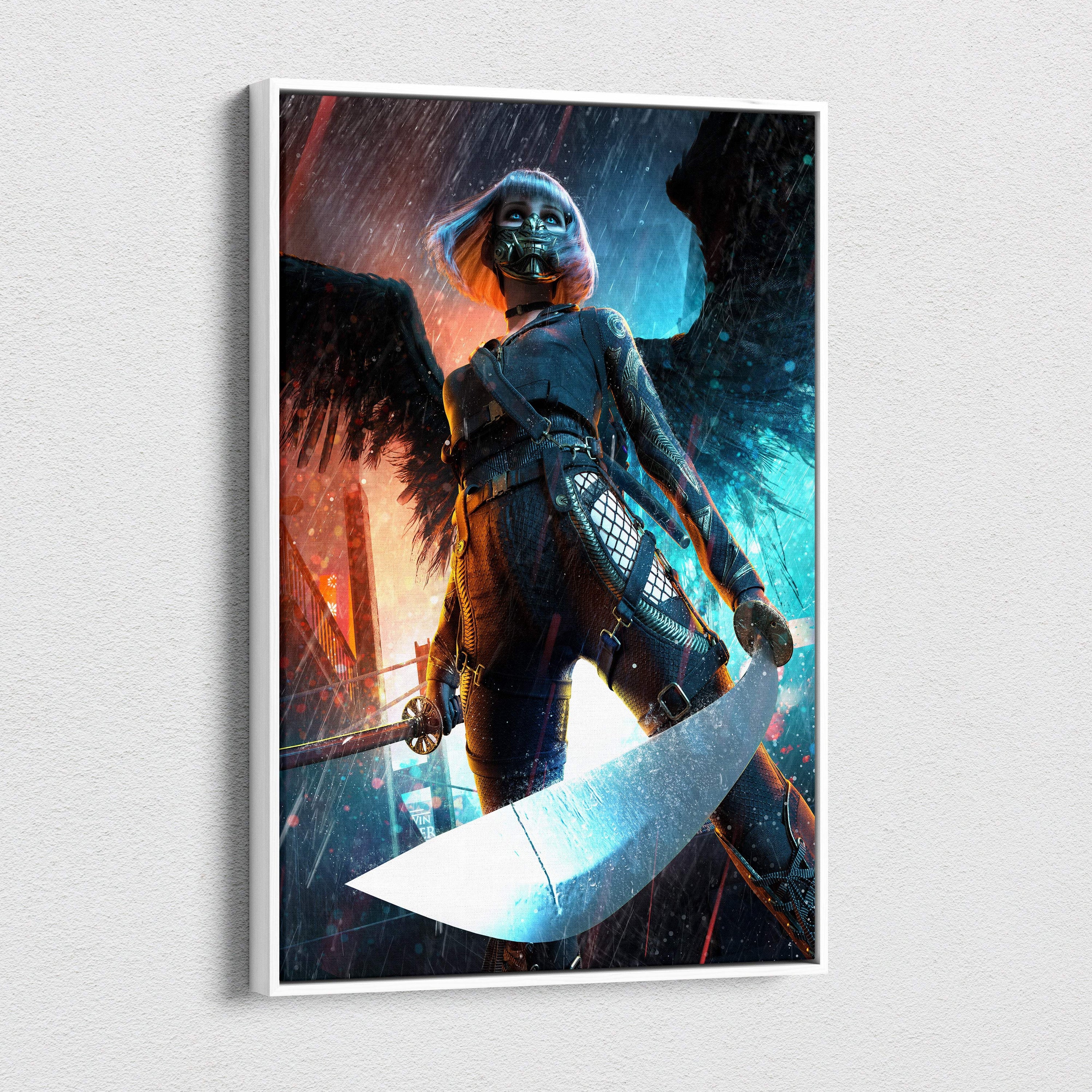 A framed cyberpunk angel warrior canvas wall art with neon blue and orange accents and a curved blade
