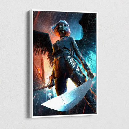 A framed cyberpunk angel warrior canvas wall art with neon blue and orange accents and a curved blade