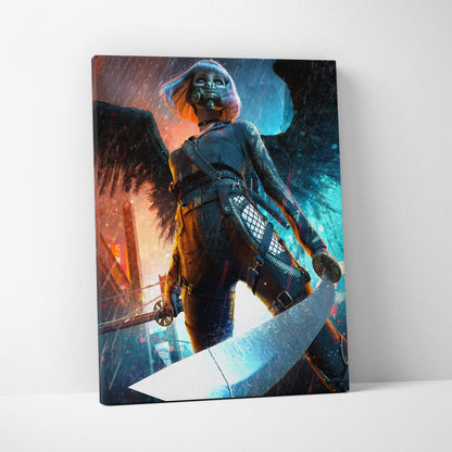 A framed canvas print of a cyberpunk angel warrior with glowing blue and orange accents holding a massive sword