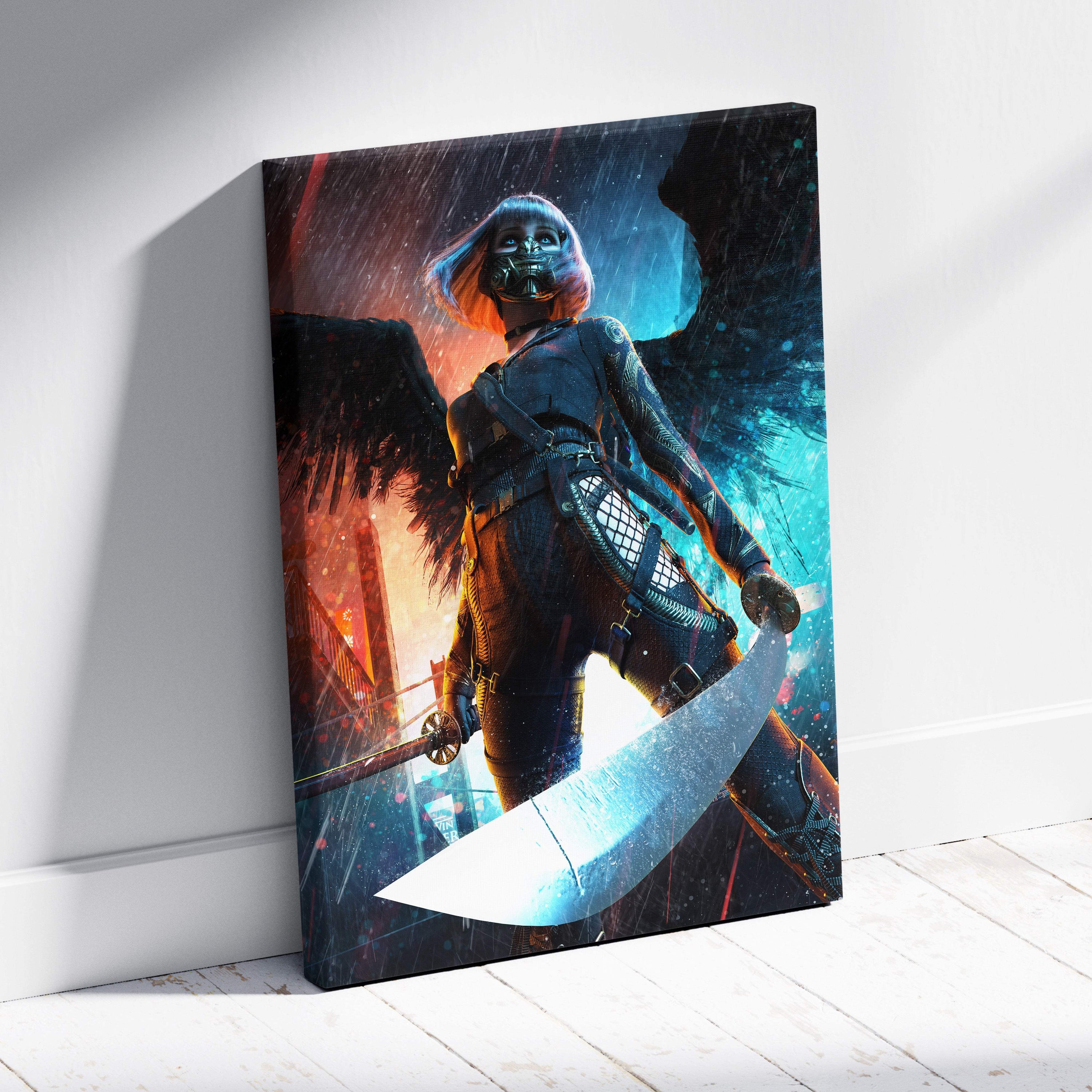 Canvas print of a cyberpunk angel warrior with neon blue and orange glowing accents wielding a massive sword