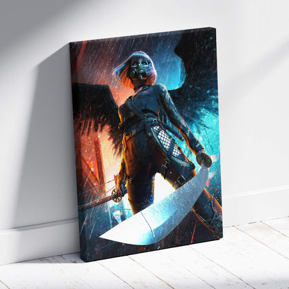 Canvas print of a cyberpunk angel warrior with neon blue and orange glowing accents wielding a massive sword