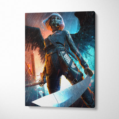 Canvas print of a cyberpunk angel warrior with glowing blue and orange hair holding a katana in a rainy city night