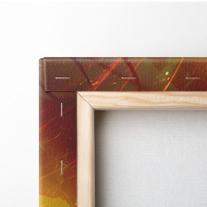 Canvas print featuring a fiery abstract design with blazing gold and orange framed in light wood for wall decor