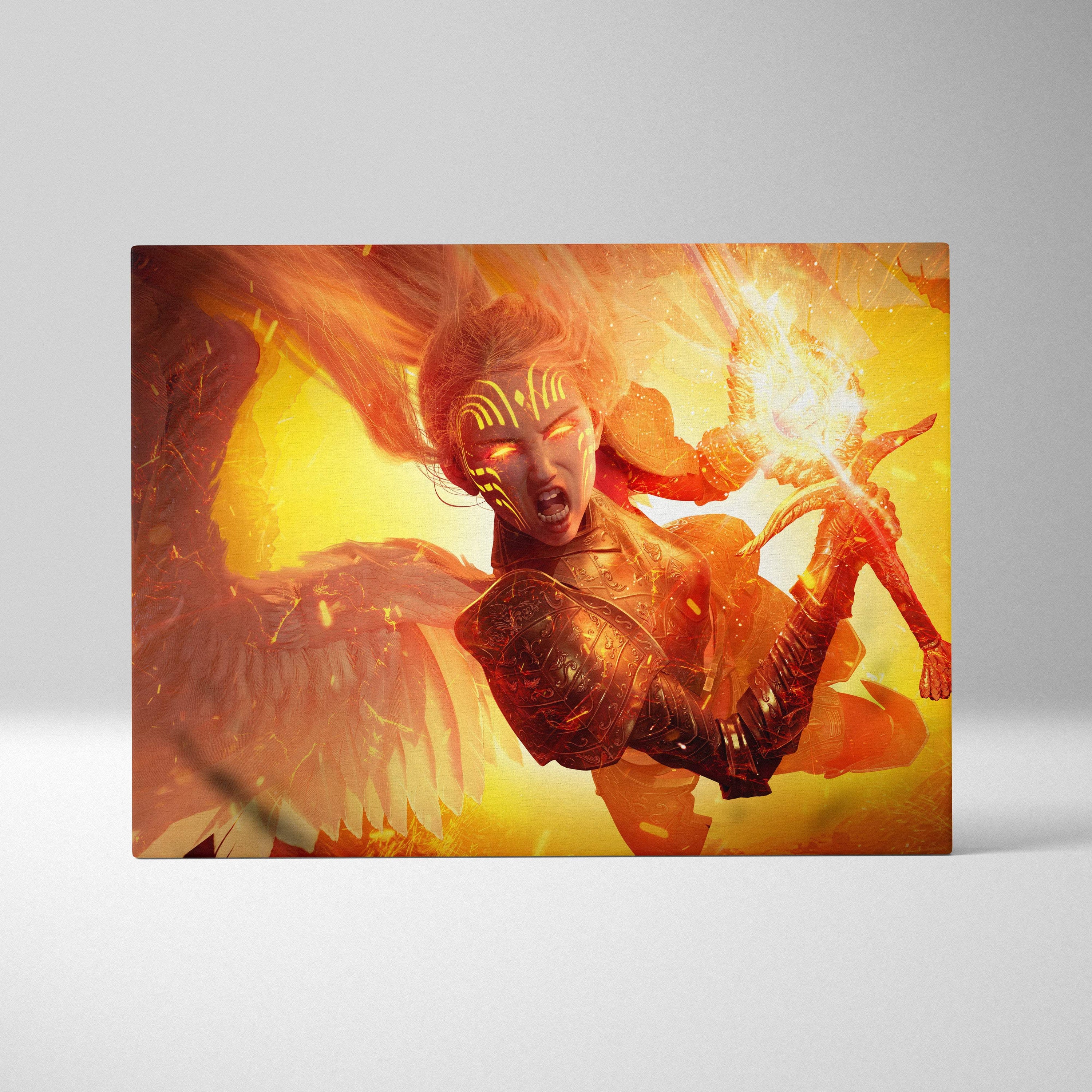 Fiery angel warrior canvas wall art featuring vibrant orange and gold armored fighter with glowing eyes and wings