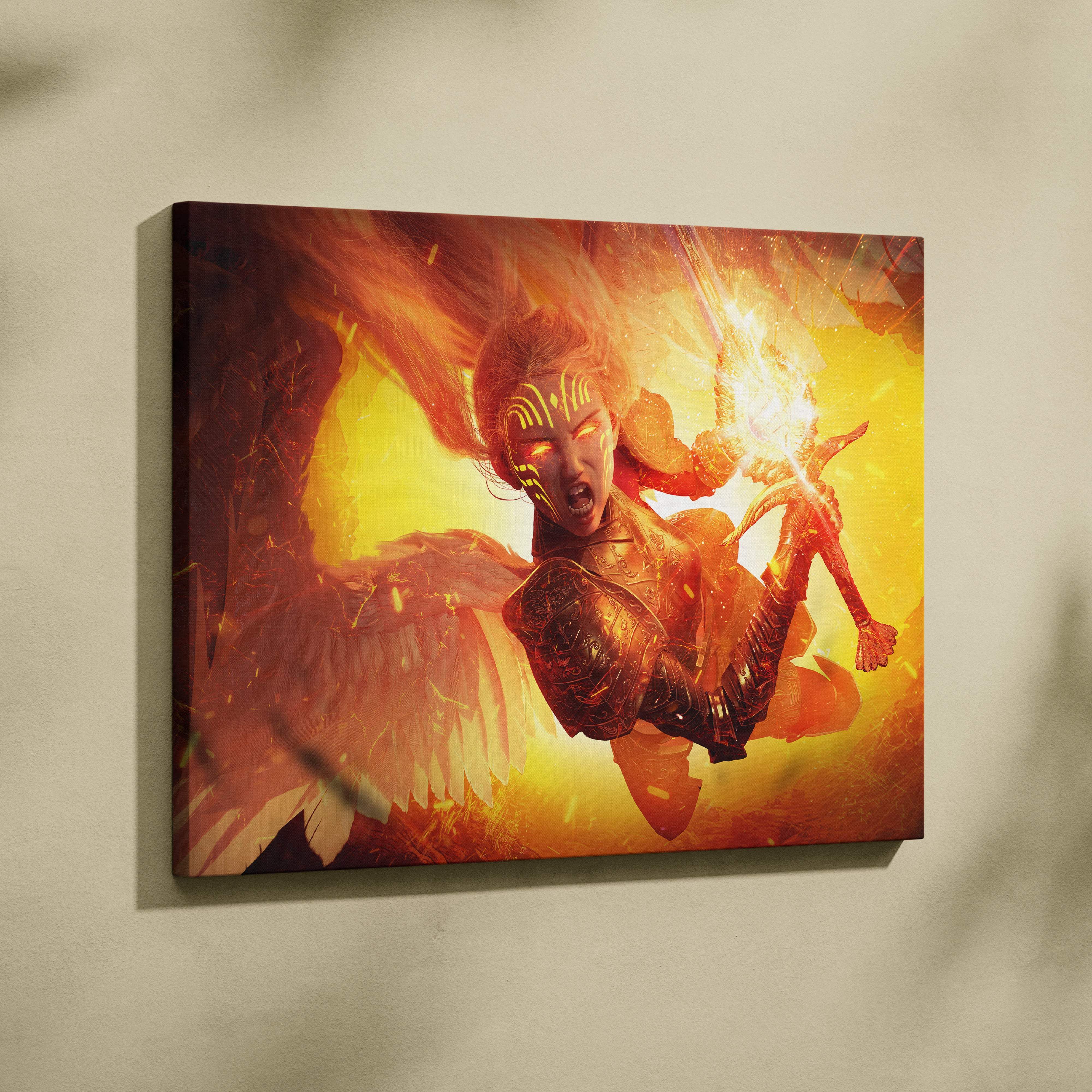 Fiery angel warrior canvas wall art with vibrant orange and gold hues featuring a fierce winged fighter