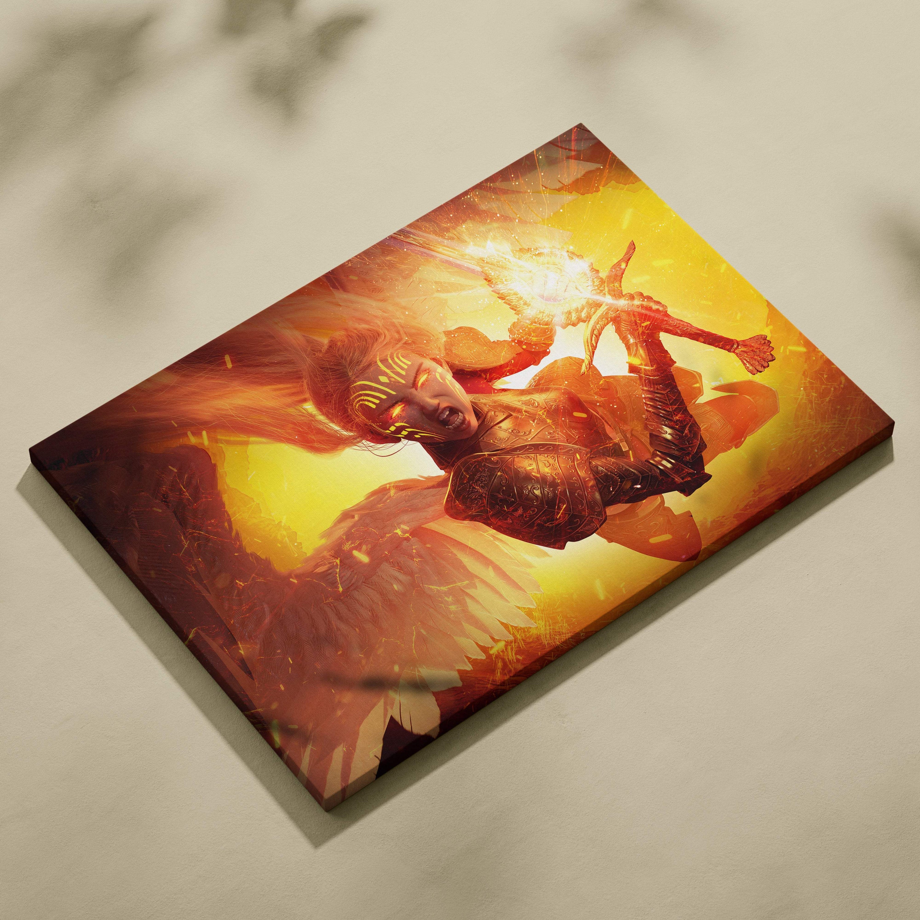 Fiery angel warrior canvas wall art featuring a blazing gold and orange armored fighter with glowing sword and wings