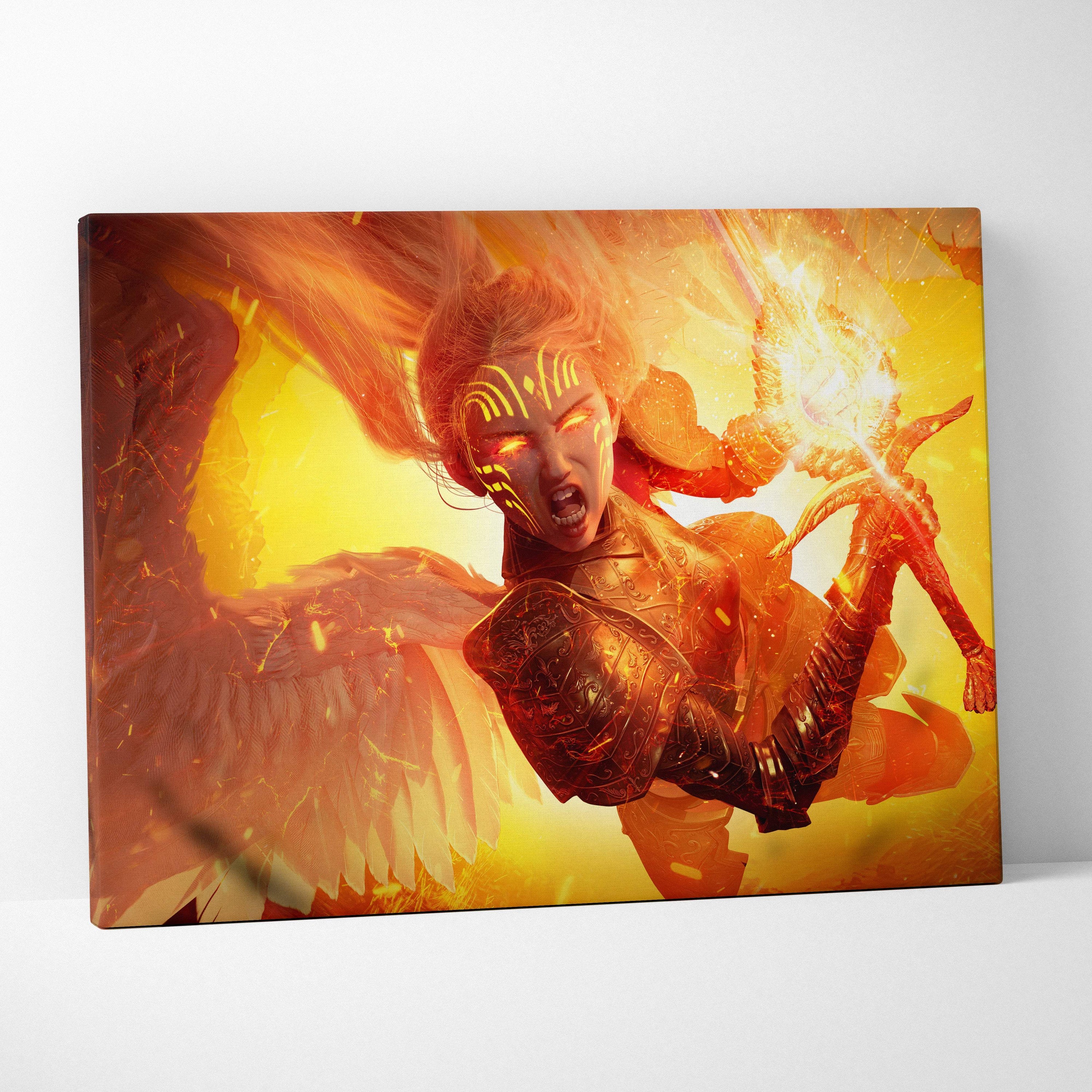 Fiery angel warrior canvas wall art featuring vibrant orange and gold wings with glowing eyes and ornate armor