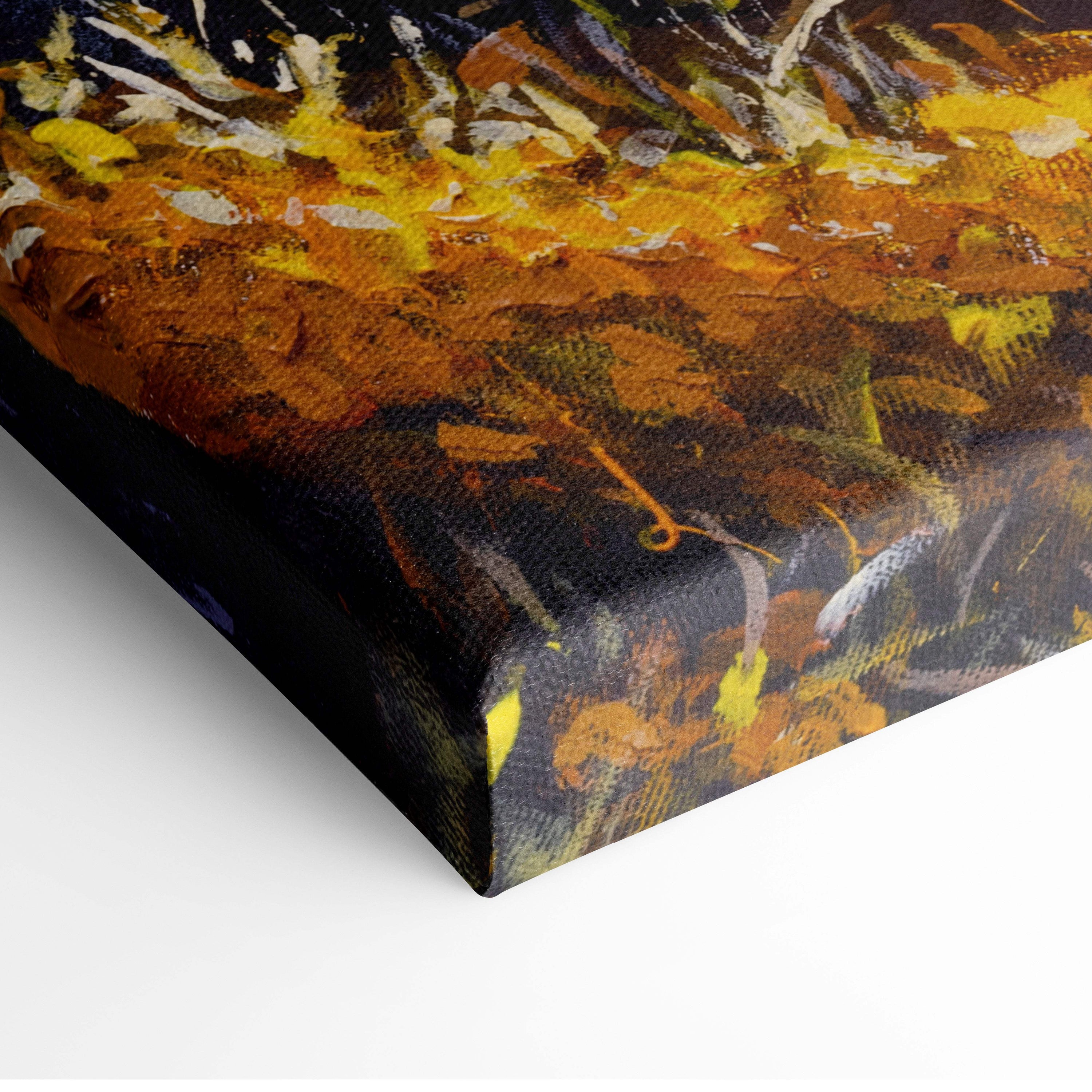 Autumn birch forest canvas print with textured oil painting style featuring bold orange yellow and black strokes